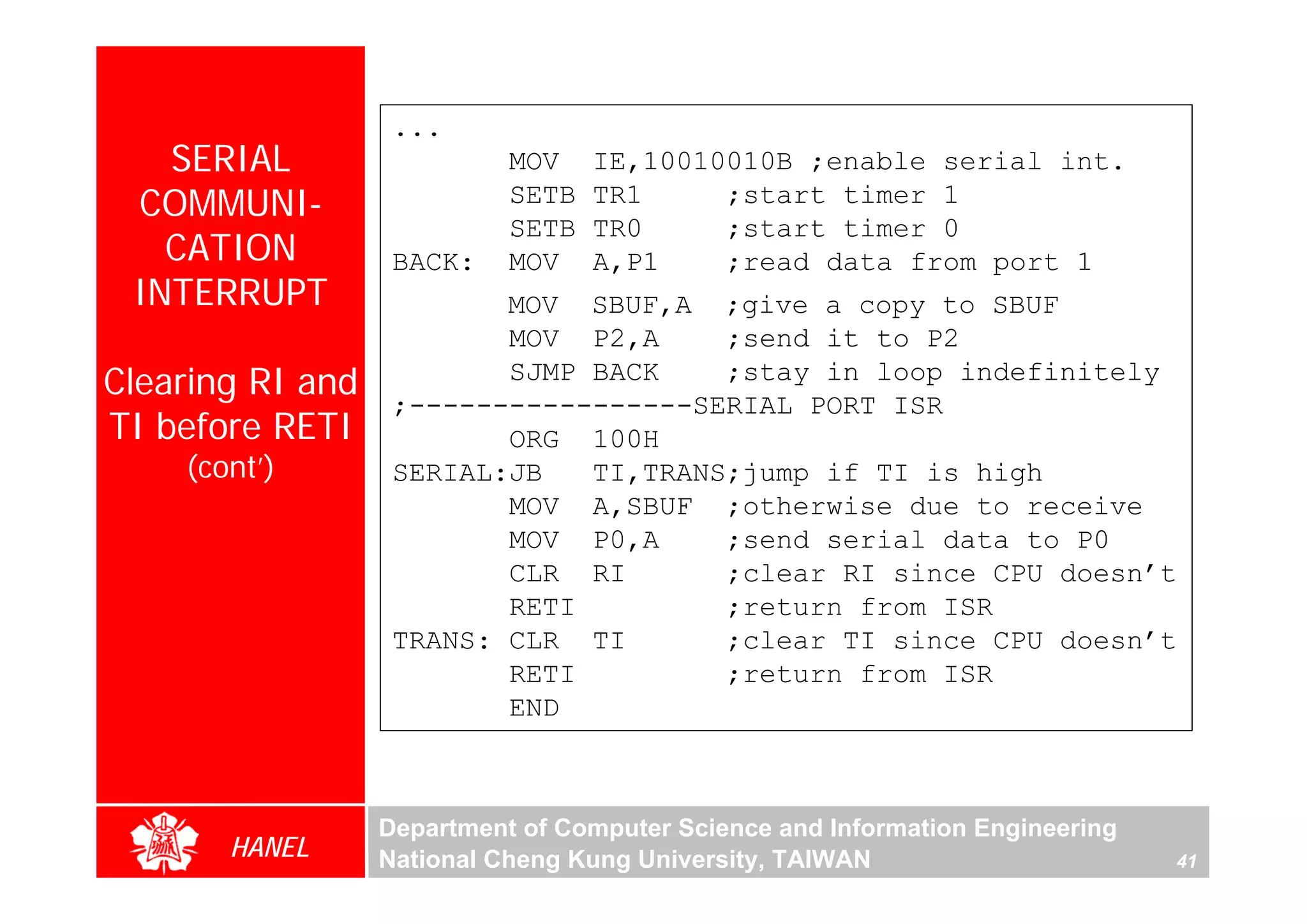 ...
   SERIAL                   MOV    IE,10010010B ;enable serial int.
 COMMUNI-                   SETB   TR1     ;start timer 1
                            SETB   TR0     ;start timer 0
   CATION          BACK:    MOV    A,P1    ;read data from port 1
 INTERRUPT                MOV SBUF,A ;give a copy to SBUF
                          MOV P2,A     ;send it to P2
Clearing RI and           SJMP BACK    ;stay in loop indefinitely
                   ;-----------------SERIAL PORT ISR
TI before RETI            ORG 100H
    (cont’)        SERIAL:JB   TI,TRANS;jump if TI is high
                          MOV A,SBUF ;otherwise due to receive
                          MOV P0,A     ;send serial data to P0
                          CLR RI       ;clear RI since CPU doesn’t
                          RETI         ;return from ISR
                   TRANS: CLR TI       ;clear TI since CPU doesn’t
                          RETI         ;return from ISR
                          END



                  Department of Computer Science and Information Engineering
       HANEL      National Cheng Kung University, TAIWAN                       41
 