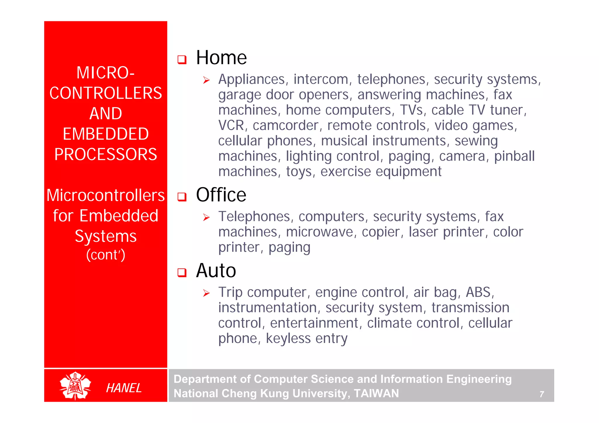 Home
  MICRO-                  Appliances, intercom, telephones, security systems,
CONTROLLERS               garage door openers, answering machines, fax
    AND                   machines, home computers, TVs, cable TV tuner,
                          VCR, camcorder, remote controls, video games,
 EMBEDDED                 cellular phones, musical instruments, sewing
PROCESSORS                machines, lighting control, paging, camera, pinball
                          machines, toys, exercise equipment
Microcontrollers      Office
for Embedded              Telephones, computers, security systems, fax
    Systems               machines, microwave, copier, laser printer, color
                          printer, paging
     (cont’)
                      Auto
                          Trip computer, engine control, air bag, ABS,
                          instrumentation, security system, transmission
                          control, entertainment, climate control, cellular
                          phone, keyless entry

                   Department of Computer Science and Information Engineering
        HANEL      National Cheng Kung University, TAIWAN                       7
 