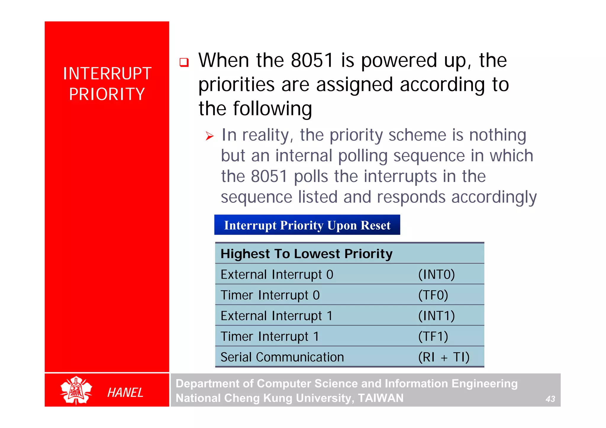 When the 8051 is powered up, the
INTERRUPT
 PRIORITY
               priorities are assigned according to
               the following
                   In reality, the priority scheme is nothing
                   but an internal polling sequence in which
                   the 8051 polls the interrupts in the
                   sequence listed and responds accordingly
                    Interrupt Priority Upon Reset

                   Highest To Lowest Priority
                   External Interrupt 0              (INT0)
                   Timer Interrupt 0                 (TF0)
                   External Interrupt 1              (INT1)
                   Timer Interrupt 1                 (TF1)
                   Serial Communication              (RI + TI)

            Department of Computer Science and Information Engineering
    HANEL   National Cheng Kung University, TAIWAN                       43
 