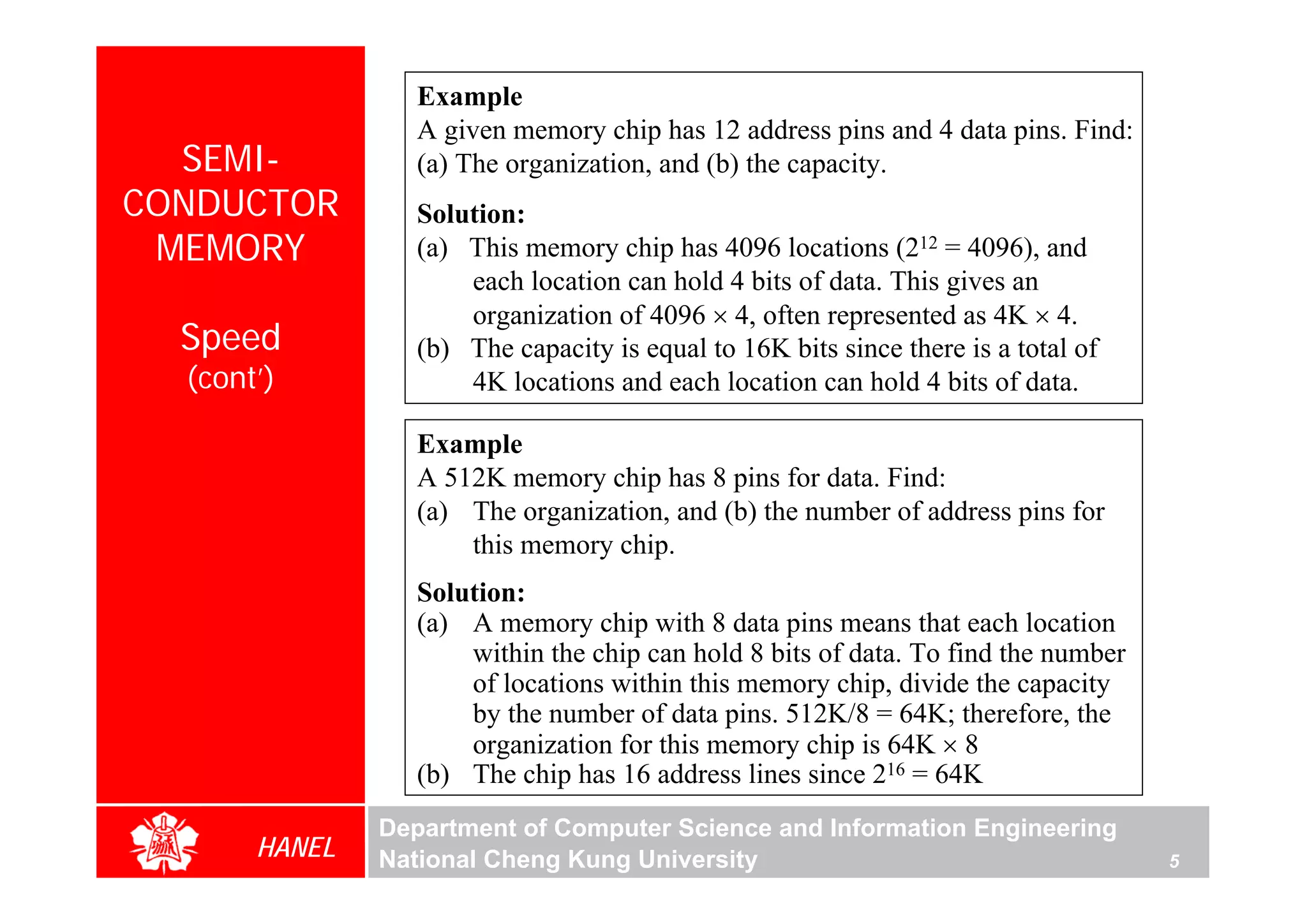 Example
                  A given memory chip has 12 address pins and 4 data pins. Find:
  SEMI-           (a) The organization, and (b) the capacity.
CONDUCTOR         Solution:
 MEMORY           (a) This memory chip has 4096 locations (212 = 4096), and
                      each location can hold 4 bits of data. This gives an
                      organization of 4096 × 4, often represented as 4K × 4.
  Speed           (b) The capacity is equal to 16K bits since there is a total of
  (cont’)             4K locations and each location can hold 4 bits of data.

                  Example
                  A 512K memory chip has 8 pins for data. Find:
                  (a) The organization, and (b) the number of address pins for
                      this memory chip.
                  Solution:
                  (a) A memory chip with 8 data pins means that each location
                      within the chip can hold 8 bits of data. To find the number
                      of locations within this memory chip, divide the capacity
                      by the number of data pins. 512K/8 = 64K; therefore, the
                      organization for this memory chip is 64K × 8
                  (b) The chip has 16 address lines since 216 = 64K
               Department of Computer Science and Information Engineering
       HANEL   National Cheng Kung University                                       5
 