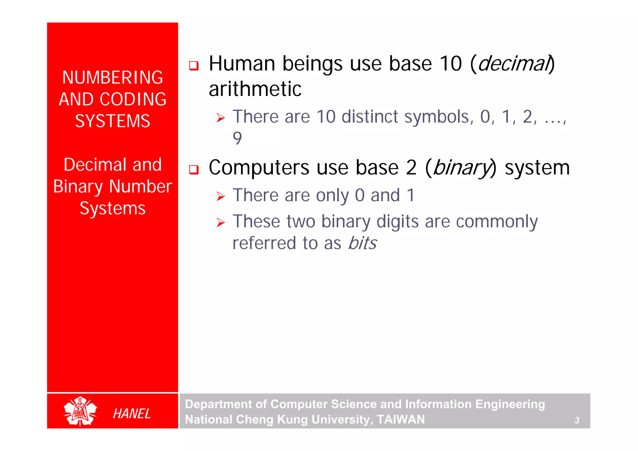 Human beings use base 10 (decimal)
NUMBERING
AND CODING
                   arithmetic
 SYSTEMS               There are 10 distinct symbols, 0, 1, 2, …,
                       9
 Decimal and       Computers use base 2 (binary) system
Binary Number          There are only 0 and 1
   Systems
                       These two binary digits are commonly
                       referred to as bits




                Department of Computer Science and Information Engineering
      HANEL     National Cheng Kung University, TAIWAN                       3
 