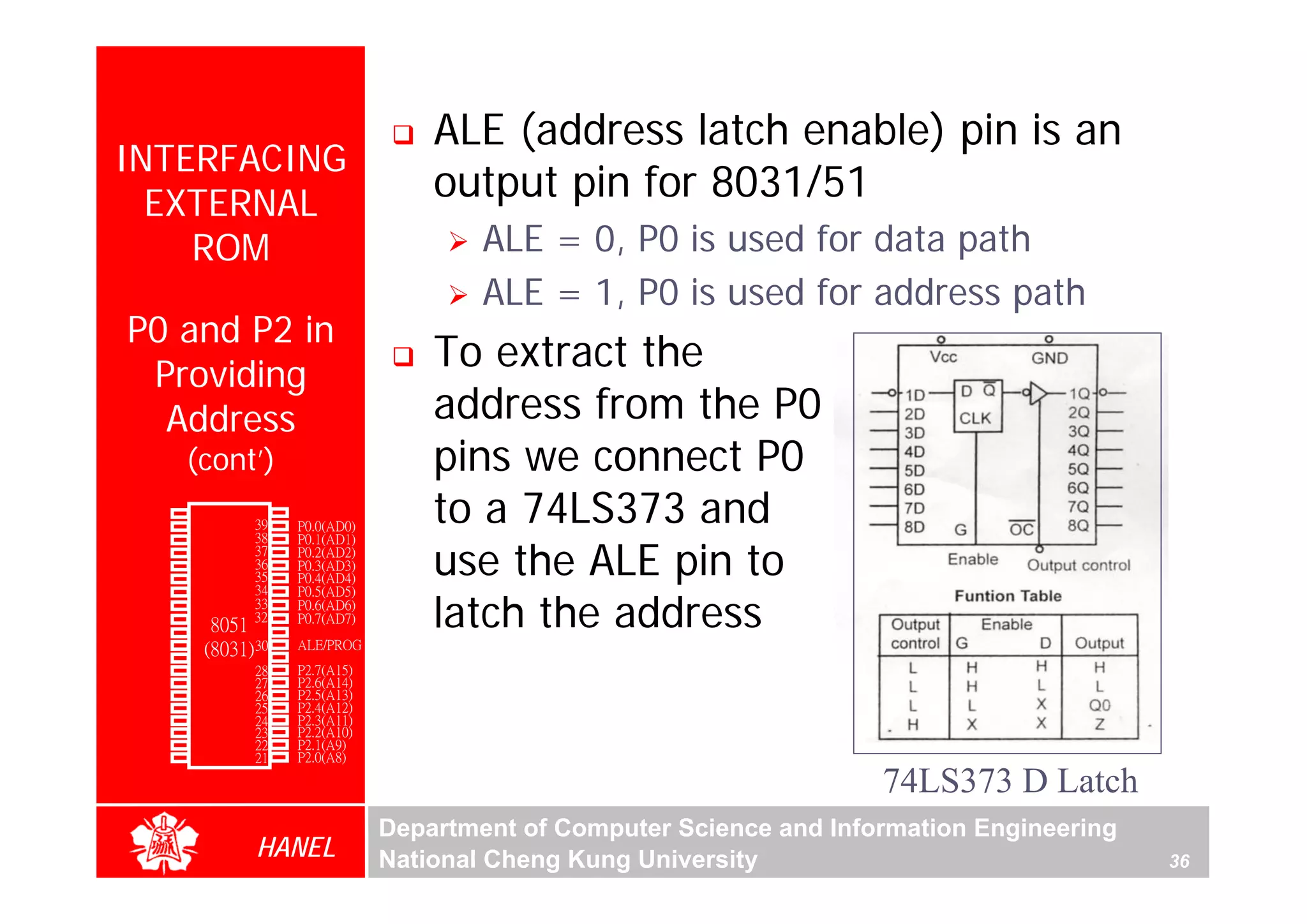 ALE (address latch enable) pin is an
  INTERFACING
    EXTERNAL
                                             output pin for 8031/51
      ROM                                        ALE = 0, P0 is used for data path
                                                 ALE = 1, P0 is used for address path
     P0 and P2 in
      Providing
                                             To extract the
       Address                               address from the P0
               (cont’)                       pins we connect P0
        P1.0
        P1.1
               1
               2
                        40
                        39
                        38
                             Vcc
                             P0.0(AD0)
                                             to a 74LS373 and
                                             use the ALE pin to
        P1.2   3             P0.1(AD1)
        P1.3   4        37   P0.2(AD2)
        P1.4   5        36   P0.3(AD3)
        P1.5   6        35   P0.4(AD4)
                        34

                                             latch the address
        P1.6   7             P0.5(AD5)
        P1.7   8        33   P0.6(AD6)
        RST    9       32    P0.7(AD7)
(RXD)P3.0      10
                  8051 31    -EA/VPP
(TXD)P3.1      11(8031) 30   ALE/PROG
(INT0)P3.2     12       29   -PSEN
(INT1)P3.3     13       28   P2.7(A15)
    (T0)P3.4   14       27   P2.6(A14)
    (T1)P3.5   15       26   P2.5(A13)
  (WR)P3.6     16       25   P2.4(A12)
   (RD)P3.7    17       24   P2.3(A11)
     XTAL2     18       23   P2.2(A10)
     XTAL1     19       22   P2.1(A9)
       GND     20       21   P2.0(A8)

                                                                                74LS373 D Latch
                                         Department of Computer Science and Information Engineering
                        HANEL            National Cheng Kung University                               36
 