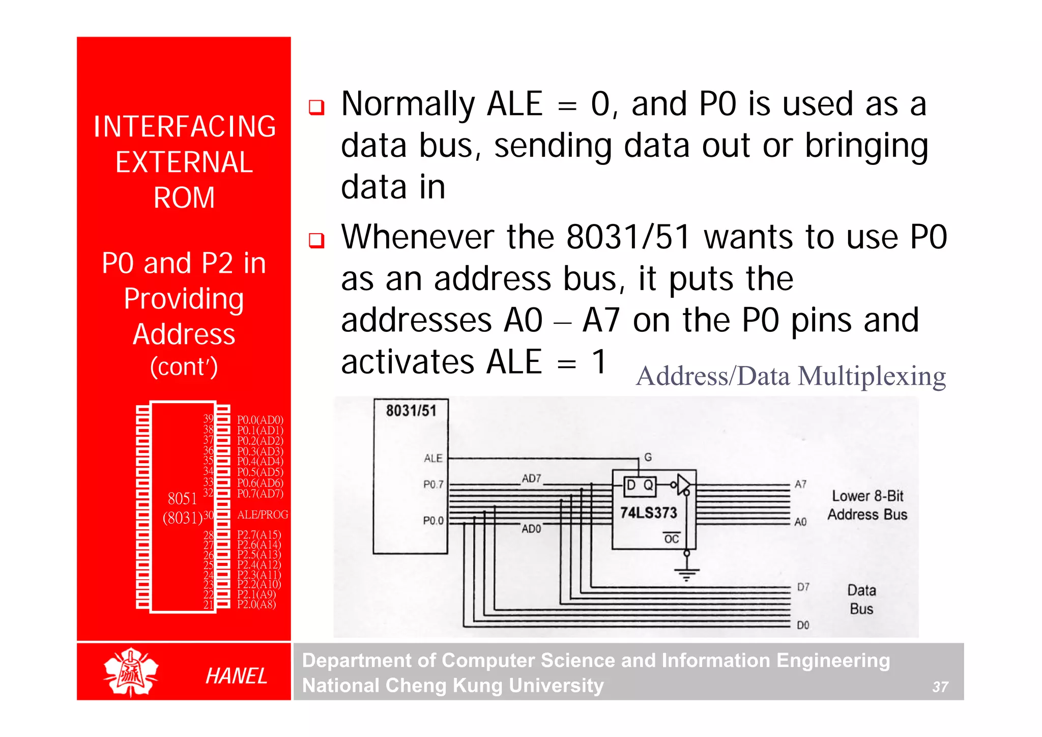 Normally ALE = 0, and P0 is used as a
  INTERFACING
    EXTERNAL
                                            data bus, sending data out or bringing
      ROM                                   data in
                                            Whenever the 8031/51 wants to use P0
     P0 and P2 in
                                            as an address bus, it puts the
      Providing
       Address                              addresses A0 – A7 on the P0 pins and
               (cont’)                      activates ALE = 1 Address/Data Multiplexing
        P1.0   1        40   Vcc
        P1.1   2        39   P0.0(AD0)
        P1.2   3        38   P0.1(AD1)
        P1.3   4        37   P0.2(AD2)
        P1.4   5        36   P0.3(AD3)
        P1.5   6        35   P0.4(AD4)
        P1.6   7        34   P0.5(AD5)
        P1.7   8        33   P0.6(AD6)
        RST    9       32    P0.7(AD7)
(RXD)P3.0      10
                  8051 31    -EA/VPP
(TXD)P3.1      11(8031) 30   ALE/PROG
(INT0)P3.2     12       29   -PSEN
(INT1)P3.3     13       28   P2.7(A15)
    (T0)P3.4   14       27   P2.6(A14)
    (T1)P3.5   15       26   P2.5(A13)
  (WR)P3.6     16       25   P2.4(A12)
   (RD)P3.7    17       24   P2.3(A11)
     XTAL2     18       23   P2.2(A10)
     XTAL1     19       22   P2.1(A9)
       GND     20       21   P2.0(A8)




                                         Department of Computer Science and Information Engineering
                        HANEL            National Cheng Kung University                               37
 