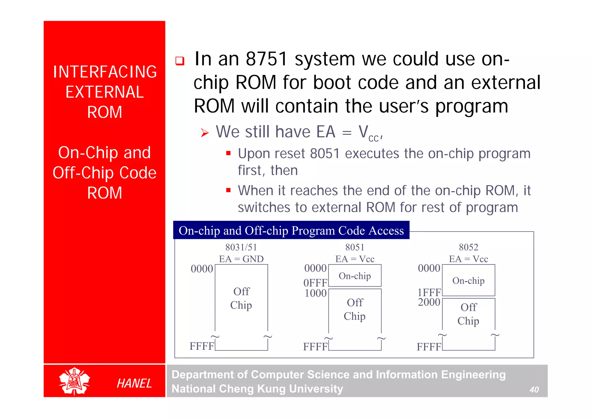 In an 8751 system we could use on-
INTERFACING
  EXTERNAL
                   chip ROM for boot code and an external
    ROM            ROM will contain the user’s program
                          We still have EA = Vcc,
On-Chip and                  Upon reset 8051 executes the on-chip program
Off-Chip Code                first, then
     ROM                     When it reaches the end of the on-chip ROM, it
                             switches to external ROM for rest of program
                 On-chip and Off-chip Program Code Access
                           8031/51              8051                  8052
                          EA = GND            EA = Vcc              EA = Vcc
                   0000                0000                  0000
                                            On-chip                 On-chip
                                       0FFF
                            Off        1000                  1FFF
                            Chip             Off             2000    Off
                                             Chip                    Chip
                      ~            ~      ~              ~      ~              ~
                   FFFF                FFFF                  FFFF

                Department of Computer Science and Information Engineering
       HANEL    National Cheng Kung University                                     40
 