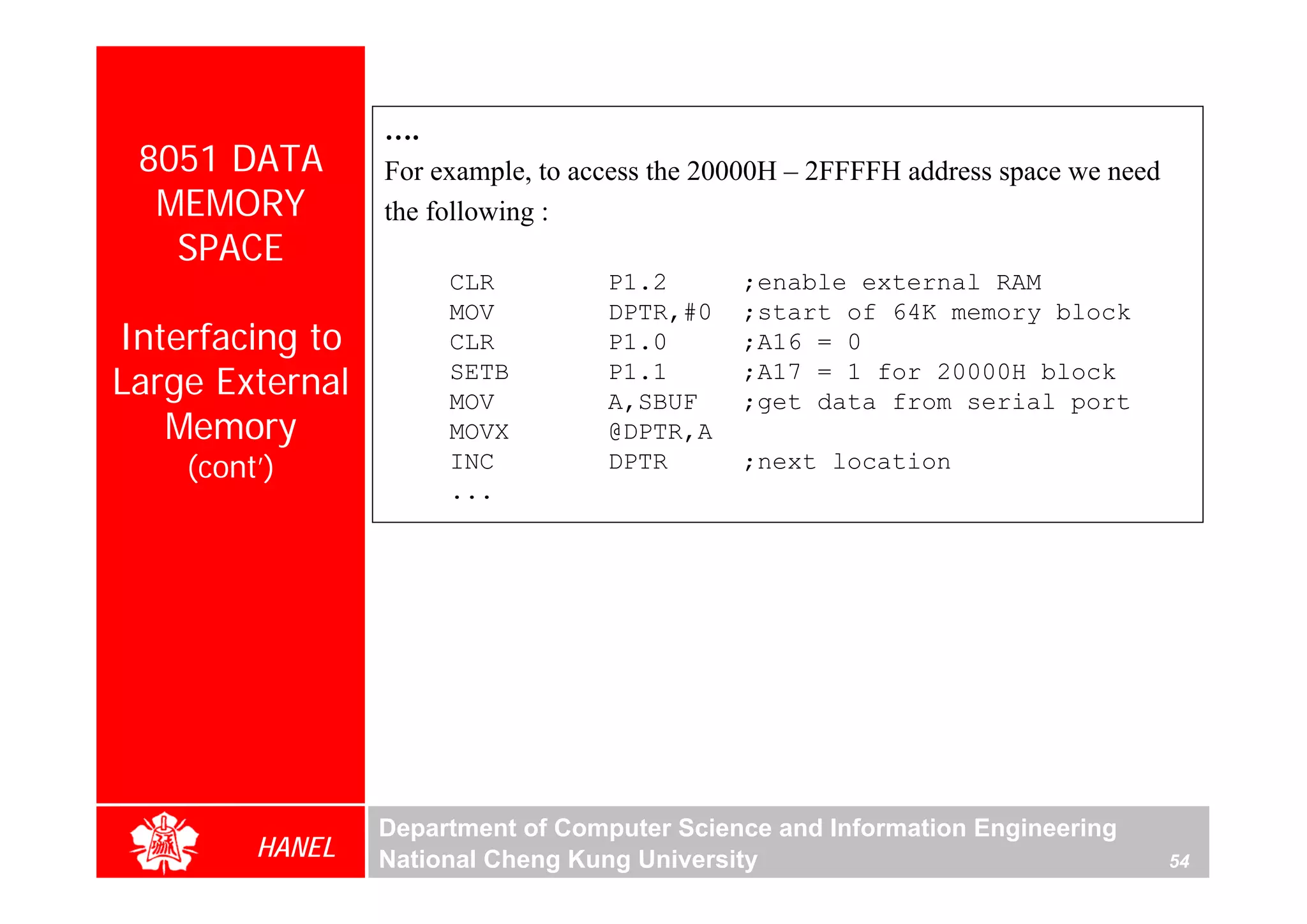 ….
 8051 DATA       For example, to access the 20000H – 2FFFFH address space we need
  MEMORY         the following :
   SPACE
                      CLR          P1.2       ;enable external RAM
                      MOV          DPTR,#0    ;start of 64K memory block
Interfacing to        CLR          P1.0       ;A16 = 0
Large External        SETB
                      MOV
                                   P1.1
                                   A,SBUF
                                              ;A17 = 1 for 20000H block
                                              ;get data from serial port
   Memory             MOVX         @DPTR,A
    (cont’)           INC          DPTR       ;next location
                      ...




                 Department of Computer Science and Information Engineering
         HANEL   National Cheng Kung University                                     54
 