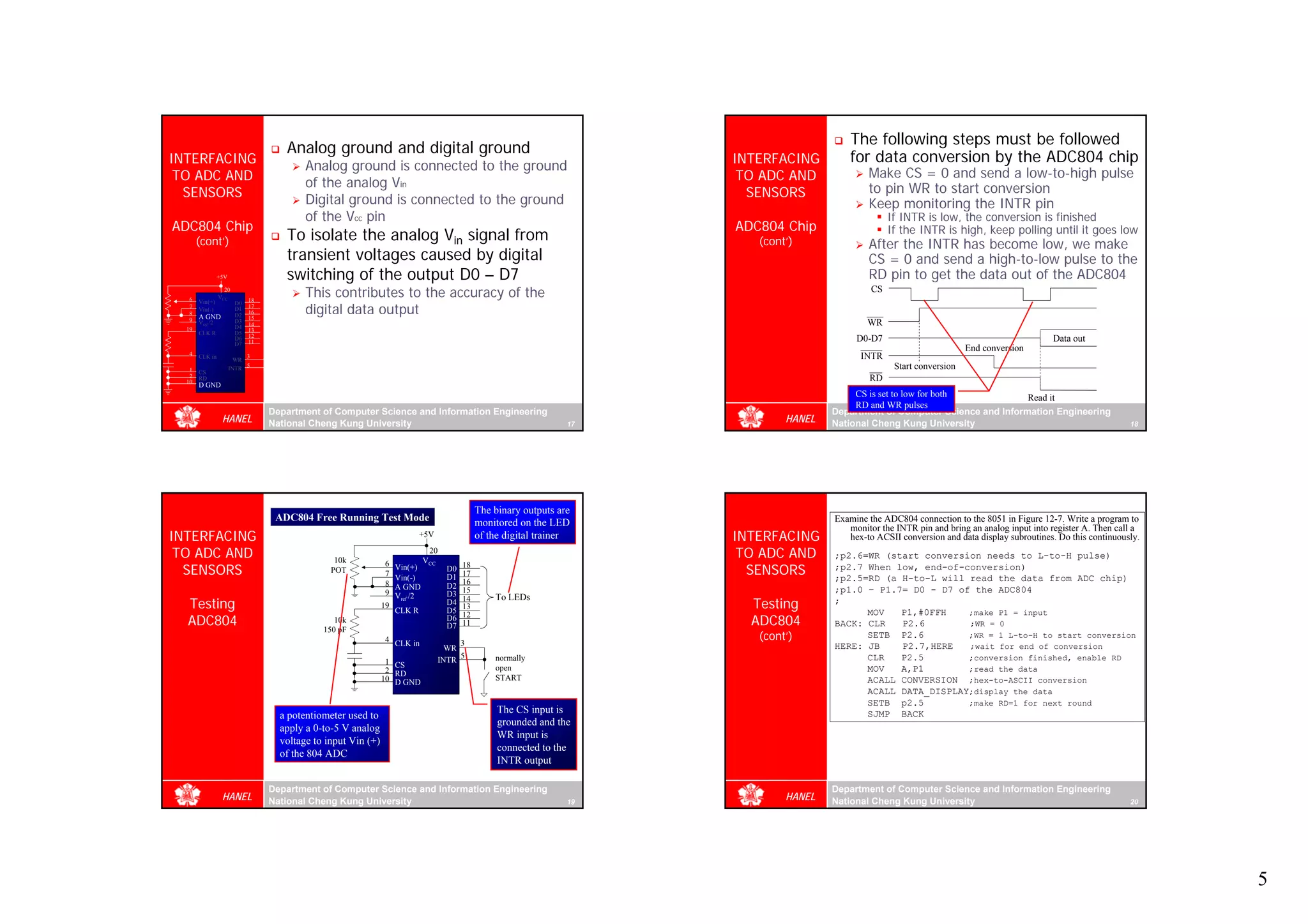 The following steps must be followed
                                     Analog ground and digital ground
INTERFACING                                                                                                              INTERFACING         for data conversion by the ADC804 chip
                                          Analog ground is connected to the ground
 TO ADC AND                                                                                                               TO ADC AND             Make CS = 0 and send a low-to-high pulse
                                          of the analog Vin                                                                                      to pin WR to start conversion
  SENSORS                                                                                                                  SENSORS
                                          Digital ground is connected to the ground                                                              Keep monitoring the INTR pin
                                          of the Vcc pin                                                                                               If INTR is low, the conversion is finished
ADC804 Chip                                                                                                              ADC804 Chip                   If the INTR is high, keep polling until it goes low
       (cont’)                       To isolate the analog Vin signal from                                                  (cont’)              After the INTR has become low, we make
                                     transient voltages caused by digital                                                                        CS = 0 and send a high-to-low pulse to the
                 +5V                 switching of the output D0 – D7                                                                             RD pin to get the data out of the ADC804
   6   Vin(+)
                   20
                 VCC
                             18
                                          This contributes to the accuracy of the                                                                 CS

                                          digital data output
                        D0
   7                    D1   17
       Vin(-)
   8                         16
       A GND            D2   15
   9                    D3
       Vref /2
                        D4   14                                                                                                                  WR
  19                         13
       CLK R            D5
                             12
                        D6
                        D7   11                                                                                                               D0-D7                                             Data out
                                                                                                                                                                           End conversion
   4   CLK in
                         WR
                             3                                                                                                                 INTR
   1                   INTR 5                                                                                                                           Start conversion
       CS
   2   RD                                                                                                                                        RD
  10
       D GND
                                                                                                                                              CS is set to low for both           Read it
                                                                                                                                              RD and WR pulses
                                  Department of Computer Science and Information Engineering                                             Department of Computer Science and Information Engineering
                  HANEL           National Cheng Kung University                                                    17
                                                                                                                                 HANEL   National Cheng Kung University                                             18




                                                                                               The binary outputs are
                                   ADC804 Free Running Test Mode                                                                         Examine the ADC804 connection to the 8051 in Figure 12-7. Write a program to
                                                                                               monitored on the LED                         monitor the INTR pin and bring an analog input into register A. Then call a
INTERFACING                                                                 +5V                of the digital trainer    INTERFACING        hex-to ACSII conversion and data display subroutines. Do this continuously.
 TO ADC AND                                      10k
                                                                               20
                                                                              VCC
                                                                                                                          TO ADC AND     ;p2.6=WR (start conversion needs to L-to-H pulse)
  SENSORS                                                                                                                  SENSORS
                                                                6   Vin(+)                18                                             ;p2.7 When low, end-of-conversion)
                                                POT                                  D0
                                                                7   Vin(-)           D1   17
                                                                                          16                                             ;p2.5=RD (a H-to-L will read the data from ADC chip)
                                                                8   A GND            D2
                                                                9                    D3   15                                             ;p1.0 – P1.7= D0 - D7 of the ADC804
                                                                    Vref /2                        To LEDs
  Testing                                                      19
                                                                    CLK R
                                                                                     D4
                                                                                     D5
                                                                                          14
                                                                                          13                               Testing       ;
                                                                                                                                               MOV   P1,#0FFH    ;make P1 = input
  ADC804                                                                                                                   ADC804
                                                                                     D6   12
                                                 10k                                      11                                             BACK: CLR   P2.6        ;WR = 0
                                              150 pF                                 D7
                                                                4 CLK in                 3
                                                                                                                            (cont’)            SETB P2.6         ;WR = 1 L-to-H to start conversion
                                                                                      WR                                                 HERE: JB    P2.7,HERE   ;wait for end of conversion
                                                                1 CS                INTR 5         normally                                    CLR   P2.5        ;conversion finished, enable RD
                                                                2 RD                               open                                        MOV   A,P1        ;read the data
                                                               10 D GND                            START                                       ACALL CONVERSION ;hex-to-ASCII conversion
                                                                                                                                               ACALL DATA_DISPLAY;display the data
                                                                                                                                               SETB p2.5         ;make RD=1 for next round
                                                                                                    The CS input is                            SJMP BACK
                                    a potentiometer used to
                                                                                                    grounded and the
                                    apply a 0-to-5 V analog
                                                                                                    WR input is
                                    voltage to input Vin (+)
                                                                                                    connected to the
                                    of the 804 ADC
                                                                                                    INTR output

                                  Department of Computer Science and Information Engineering                                             Department of Computer Science and Information Engineering
                  HANEL           National Cheng Kung University                                                    19
                                                                                                                                 HANEL   National Cheng Kung University                                             20




                                                                                                                                                                                                                          5
 