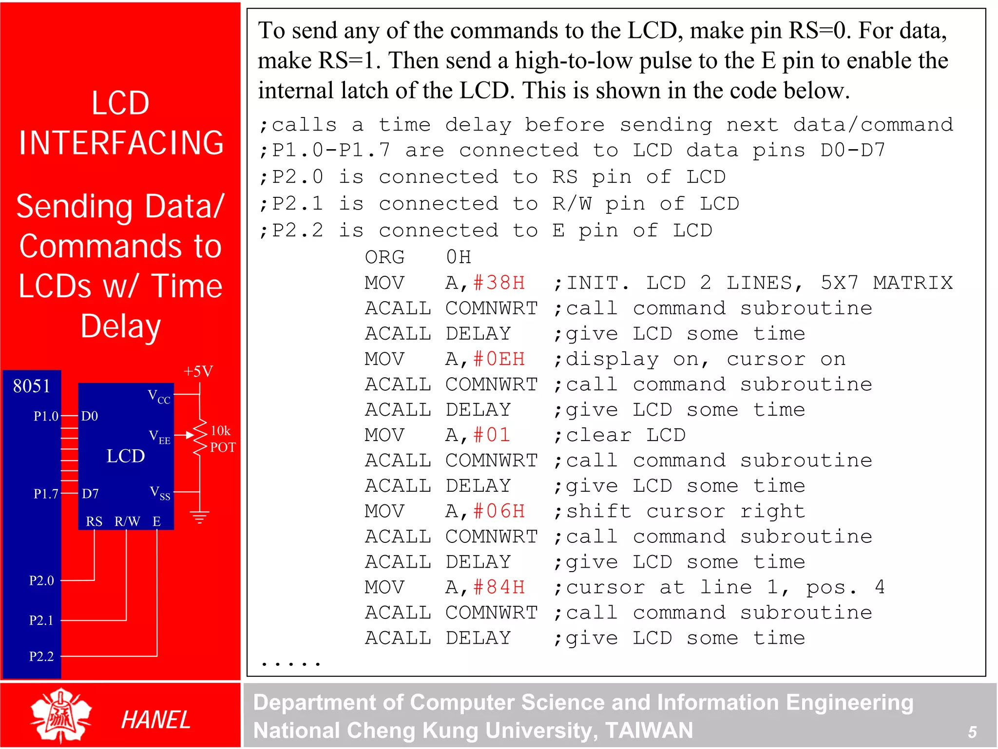 To send any of the commands to the LCD, make pin RS=0. For data,
                                  make RS=1. Then send a high-to-low pulse to the E pin to enable the
    LCD                           internal latch of the LCD. This is shown in the code below.
                                  ;calls a time delay before sending next data/command
INTERFACING                       ;P1.0-P1.7 are connected to LCD data pins D0-D7
                                  ;P2.0 is connected to RS pin of LCD
Sending Data/                     ;P2.1 is connected to R/W pin of LCD
                                  ;P2.2 is connected to E pin of LCD
Commands to                               ORG   0H
LCDs w/ Time                              MOV   A,#38H ;INIT. LCD 2 LINES, 5X7 MATRIX
                                          ACALL COMNWRT ;call command subroutine
   Delay                                  ACALL DELAY   ;give LCD some time
                                          MOV   A,#0EH ;display on, cursor on
                          +5V
8051                VCC
                                          ACALL COMNWRT ;call command subroutine
  P1.0   D0                               ACALL DELAY   ;give LCD some time
                    VEE     10k           MOV   A,#01   ;clear LCD
                            POT
              LCD                         ACALL COMNWRT ;call command subroutine
  P1.7   D7         VSS                   ACALL DELAY   ;give LCD some time
         RS R/W E
                                          MOV   A,#06H ;shift cursor right
                                          ACALL COMNWRT ;call command subroutine
                                          ACALL DELAY   ;give LCD some time
 P2.0
                                          MOV   A,#84H ;cursor at line 1, pos. 4
 P2.1                                     ACALL COMNWRT ;call command subroutine
                                          ACALL DELAY   ;give LCD some time
 P2.2                             .....
                                  Department of Computer Science and Information Engineering
               HANEL              National Cheng Kung University, TAIWAN                                5
 