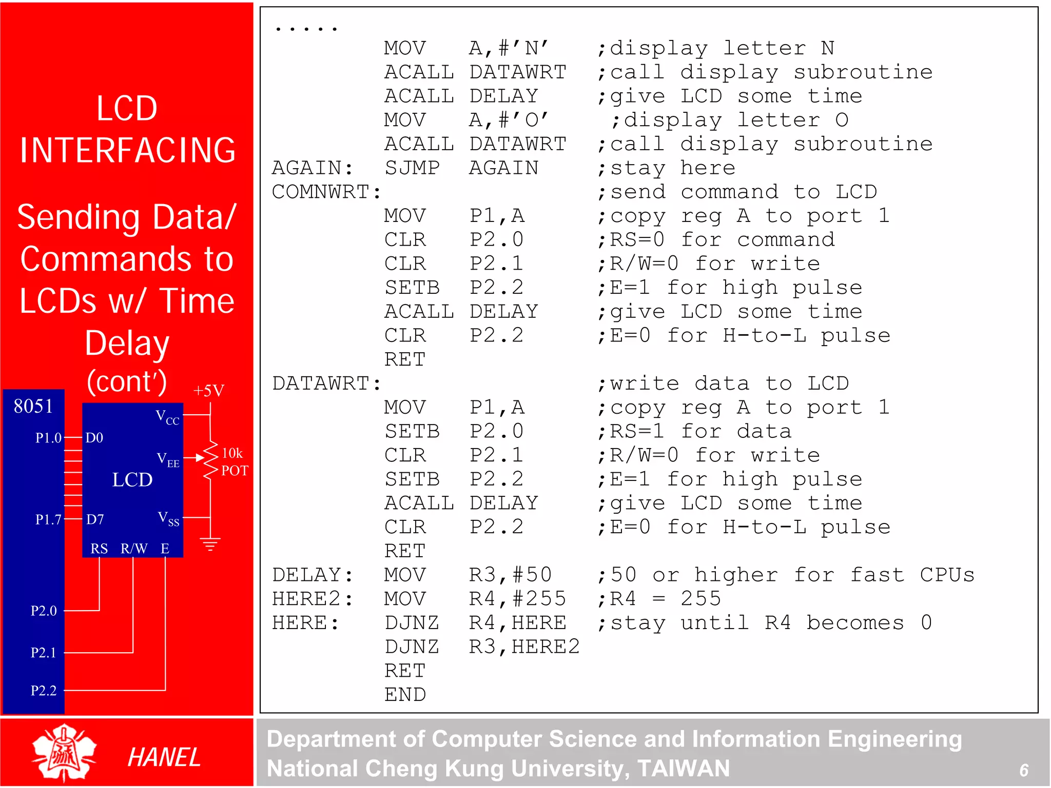 .....
                                           MOV     A,#’N’    ;display letter N
                                           ACALL   DATAWRT   ;call display subroutine
    LCD
                                           ACALL   DELAY     ;give LCD some time
                                           MOV     A,#’O’     ;display letter O
INTERFACING                                ACALL
                                  AGAIN: SJMP
                                                   DATAWRT
                                                   AGAIN
                                                             ;call display subroutine
                                                             ;stay here
                                  COMNWRT:                   ;send command to LCD
Sending Data/                              MOV
                                           CLR
                                                   P1,A
                                                   P2.0
                                                             ;copy reg A to port 1
                                                             ;RS=0 for command
Commands to                                CLR     P2.1      ;R/W=0 for write
LCDs w/ Time
                                           SETB    P2.2      ;E=1 for high pulse
                                           ACALL   DELAY     ;give LCD some time
   Delay                                   CLR
                                           RET
                                                   P2.2      ;E=0 for H-to-L pulse

         (cont’)          +5V     DATAWRT:                   ;write data to LCD
8051                VCC                    MOV     P1,A      ;copy reg A to port 1
  P1.0   D0                                SETB    P2.0      ;RS=1 for data
                    VEE     10k            CLR     P2.1      ;R/W=0 for write
                            POT
              LCD                          SETB    P2.2      ;E=1 for high pulse
                                           ACALL   DELAY     ;give LCD some time
  P1.7   D7         VSS
                                           CLR     P2.2      ;E=0 for H-to-L pulse
         RS R/W E                          RET
                                  DELAY: MOV       R3,#50   ;50 or higher for fast CPUs
 P2.0
                                  HERE2: MOV       R4,#255 ;R4 = 255
                                  HERE:    DJNZ    R4,HERE ;stay until R4 becomes 0
 P2.1                                      DJNZ    R3,HERE2
                                           RET
 P2.2                                      END
                                  Department of Computer Science and Information Engineering
               HANEL              National Cheng Kung University, TAIWAN                       6
 