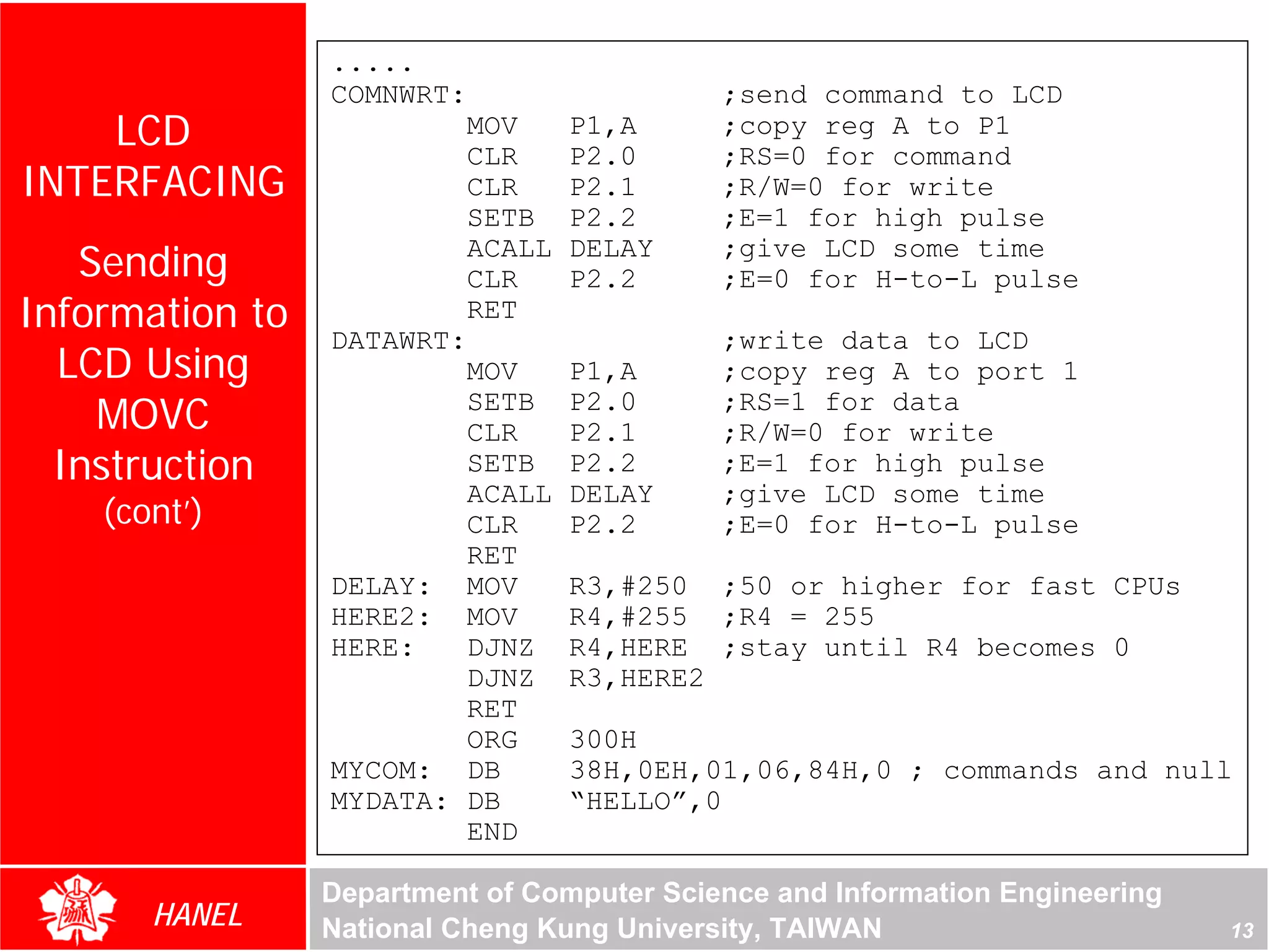 .....
                 COMNWRT:                   ;send command to LCD
    LCD                  MOV
                         CLR
                                  P1,A
                                  P2.0
                                            ;copy reg A to P1
                                            ;RS=0 for command
INTERFACING              CLR      P2.1      ;R/W=0 for write
                         SETB     P2.2      ;E=1 for high pulse
   Sending               ACALL
                         CLR
                                  DELAY
                                  P2.2
                                            ;give LCD some time
                                            ;E=0 for H-to-L pulse
Information to           RET
                 DATAWRT:                   ;write data to LCD
  LCD Using              MOV      P1,A      ;copy reg A to port 1
    MOVC                 SETB
                         CLR
                                  P2.0
                                  P2.1
                                            ;RS=1 for data
                                            ;R/W=0 for write
  Instruction            SETB     P2.2      ;E=1 for high pulse
                         ACALL    DELAY     ;give LCD some time
    (cont’)              CLR      P2.2      ;E=0 for H-to-L pulse
                         RET
                 DELAY: MOV       R3,#250 ;50 or higher for fast CPUs
                 HERE2: MOV       R4,#255 ;R4 = 255
                 HERE:   DJNZ     R4,HERE ;stay until R4 becomes 0
                         DJNZ     R3,HERE2
                         RET
                         ORG      300H
                 MYCOM: DB        38H,0EH,01,06,84H,0 ; commands and null
                 MYDATA: DB       “HELLO”,0
                         END

                 Department of Computer Science and Information Engineering
       HANEL     National Cheng Kung University, TAIWAN                       13
 