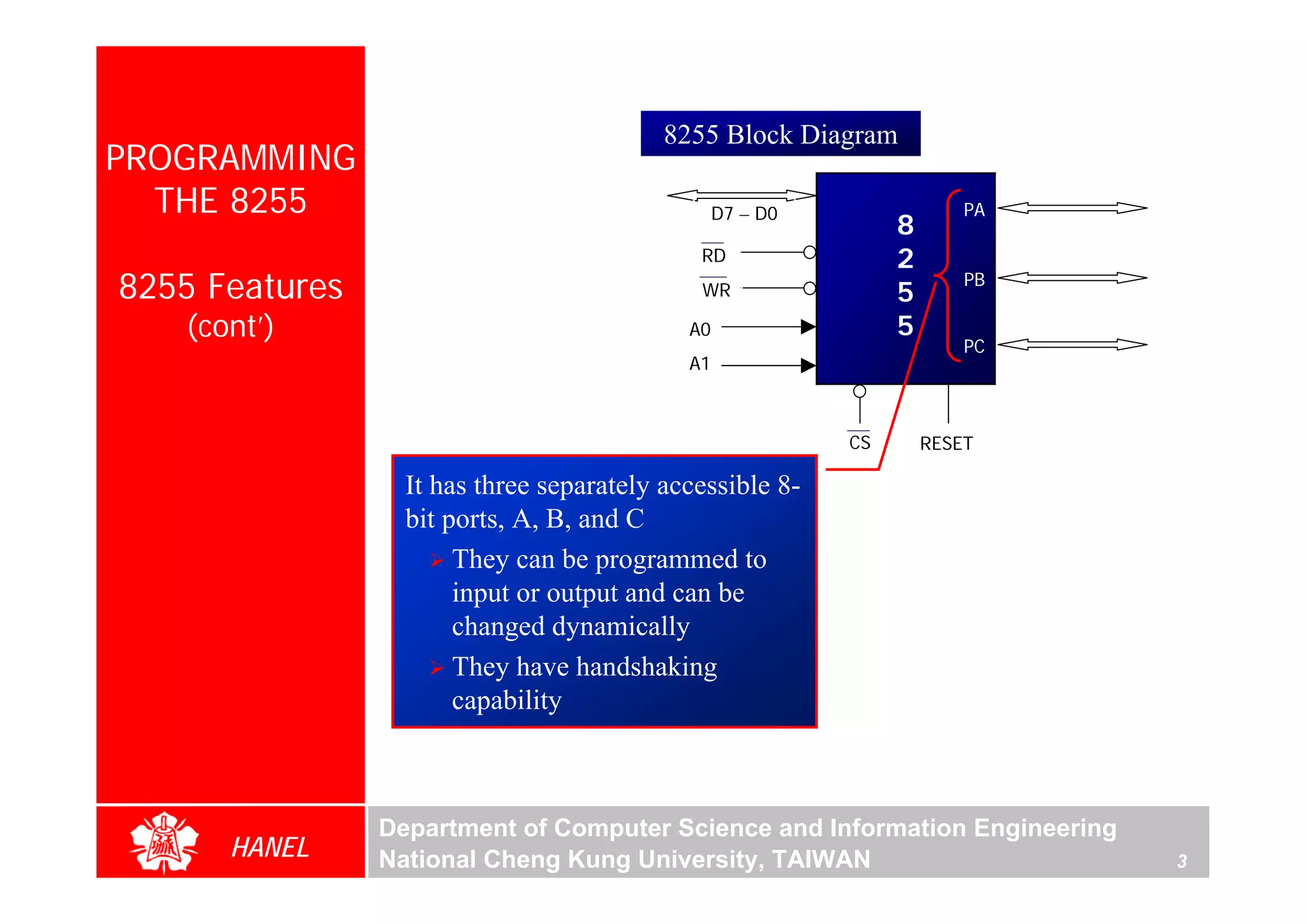 8255 Block Diagram
PROGRAMMING
  THE 8255                                       D7 – D0                PA
                                                                8
                                             RD                 2
8255 Features                                WR                 5
                                                                        PB

   (cont’)                                  A0                  5
                                                                        PC
                                            A1



                                                           CS       RESET

                  It has three separately accessible 8-
                  bit ports, A, B, and C
                       They can be programmed to
                       input or output and can be
                       changed dynamically
                       They have handshaking
                       capability



                Department of Computer Science and Information Engineering
      HANEL     National Cheng Kung University, TAIWAN                       3
 