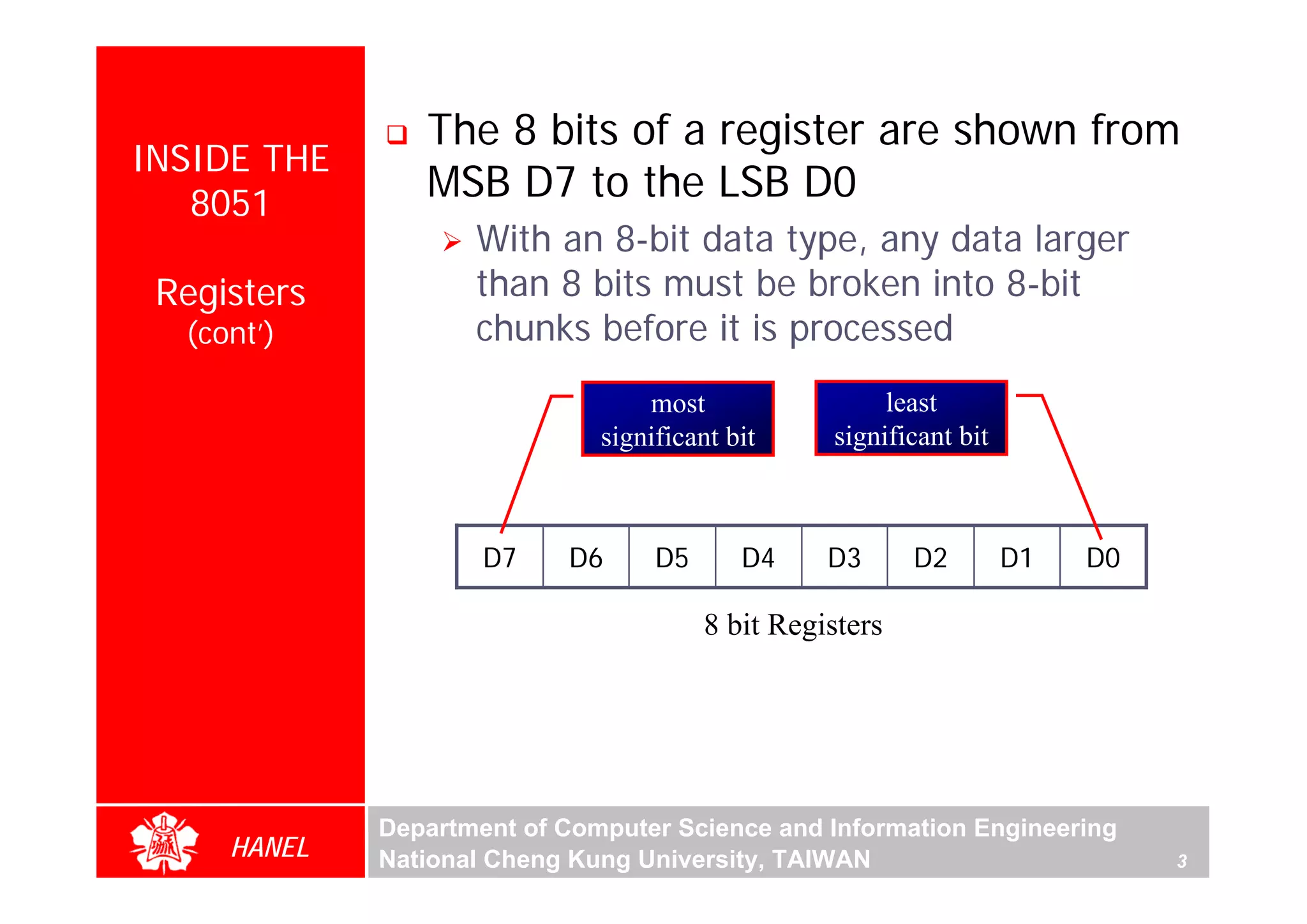 The 8 bits of a register are shown from
INSIDE THE
   8051
                MSB D7 to the LSB D0
                    With an 8-bit data type, any data larger
 Registers          than 8 bits must be broken into 8-bit
  (cont’)           chunks before it is processed
                                  most                 least
                              significant bit     significant bit



                     D7    D6      D5      D4     D3      D2        D1   D0

                                        8 bit Registers




             Department of Computer Science and Information Engineering
     HANEL   National Cheng Kung University, TAIWAN                           3
 