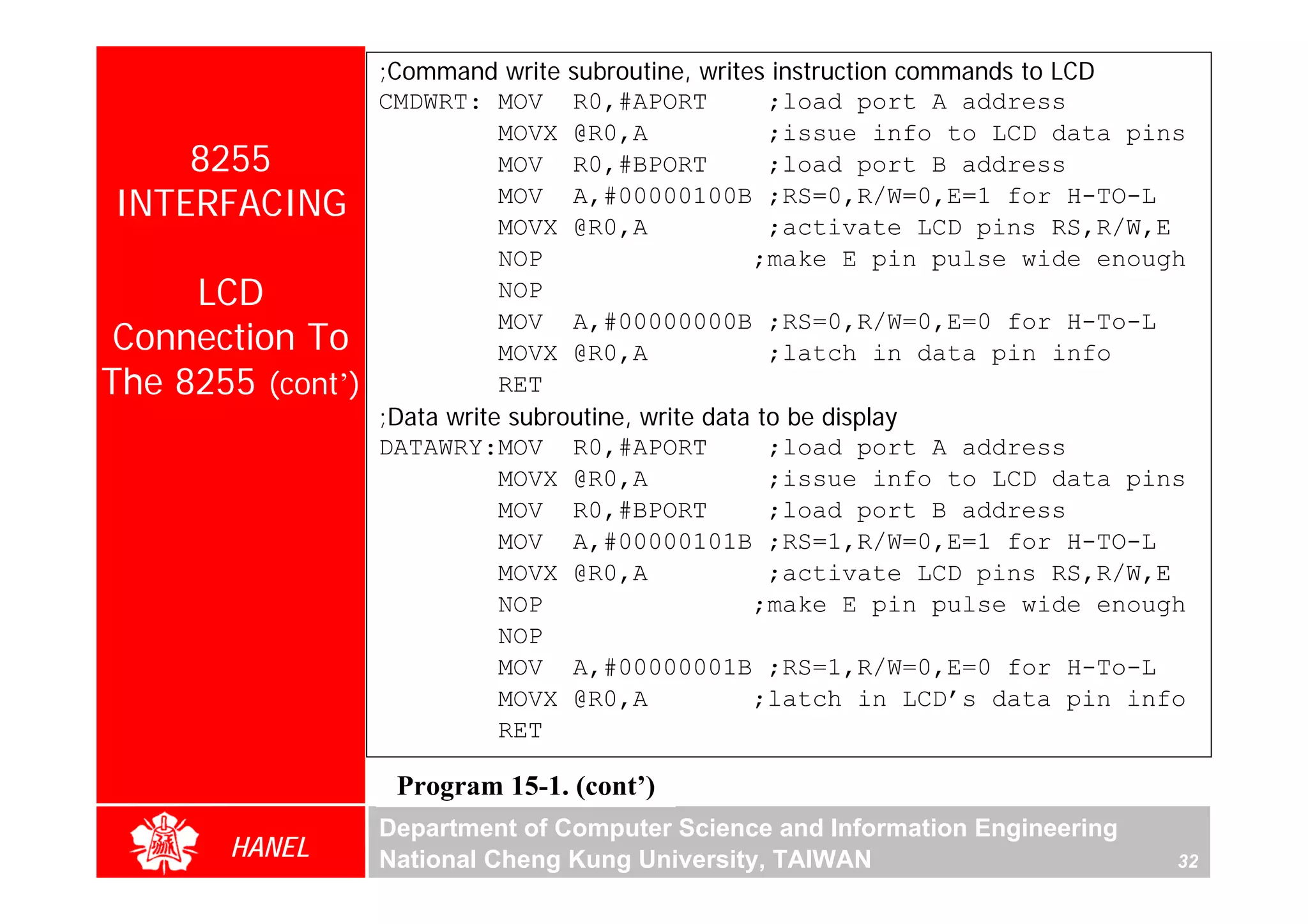 ;Command write subroutine, writes instruction commands to LCD
                   CMDWRT: MOV R0,#APORT               ;load port A address
                              MOVX @R0,A               ;issue info to LCD data pins
    8255                      MOV R0,#BPORT            ;load port B address
INTERFACING                   MOV A,#00000100B ;RS=0,R/W=0,E=1 for H-TO-L
                              MOVX @R0,A               ;activate LCD pins RS,R/W,E
                              NOP                    ;make E pin pulse wide enough
     LCD                      NOP

 Connection To
                              MOV A,#00000000B ;RS=0,R/W=0,E=0 for H-To-L
                              MOVX @R0,A               ;latch in data pin info
The 8255 (cont’)              RET
                   ;Data write subroutine, write data to be display
                   DATAWRY:MOV R0,#APORT               ;load port A address
                              MOVX @R0,A               ;issue info to LCD data pins
                              MOV R0,#BPORT            ;load port B address
                              MOV A,#00000101B ;RS=1,R/W=0,E=1 for H-TO-L
                              MOVX @R0,A               ;activate LCD pins RS,R/W,E
                              NOP                    ;make E pin pulse wide enough
                              NOP
                              MOV A,#00000001B ;RS=1,R/W=0,E=0 for H-To-L
                              MOVX @R0,A             ;latch in LCD’s data pin info
                              RET

                    Program 15-1. (cont’)
                   Department of Computer Science and Information Engineering
       HANEL       National Cheng Kung University, TAIWAN                         32
 