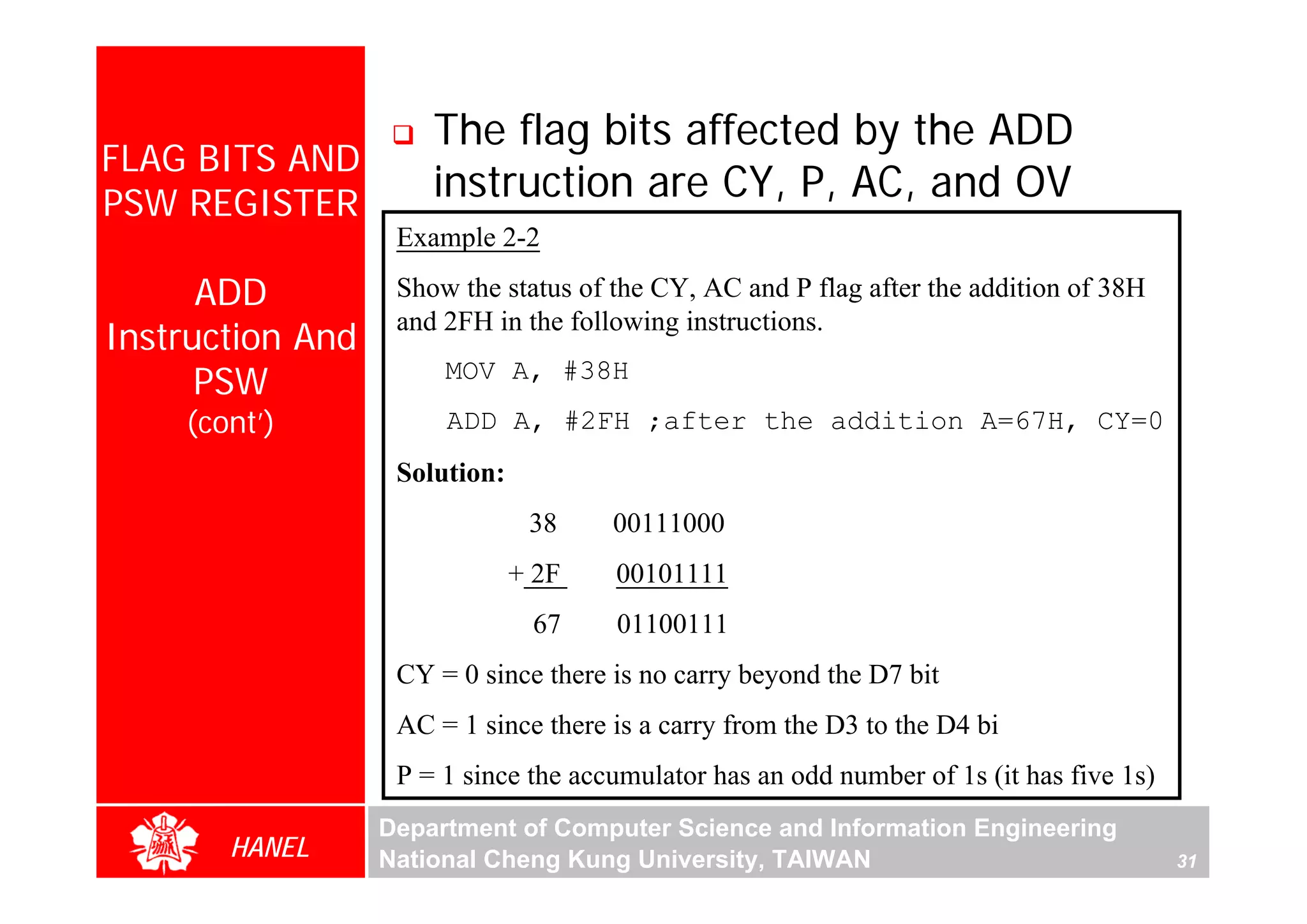 The flag bits affected by the ADD
FLAG BITS AND
PSW REGISTER
                      instruction are CY, P, AC, and OV
                   Example 2-2

      ADD          Show the status of the CY, AC and P flag after the addition of 38H
                   and 2FH in the following instructions.
Instruction And
      PSW              MOV A, #38H
    (cont’)            ADD A, #2FH ;after the addition A=67H, CY=0
                   Solution:
                                38    00111000
                               + 2F   00101111
                                67    01100111
                   CY = 0 since there is no carry beyond the D7 bit
                   AC = 1 since there is a carry from the D3 to the D4 bi
                   P = 1 since the accumulator has an odd number of 1s (it has five 1s)
                  Department of Computer Science and Information Engineering
       HANEL      National Cheng Kung University, TAIWAN                                  31
 