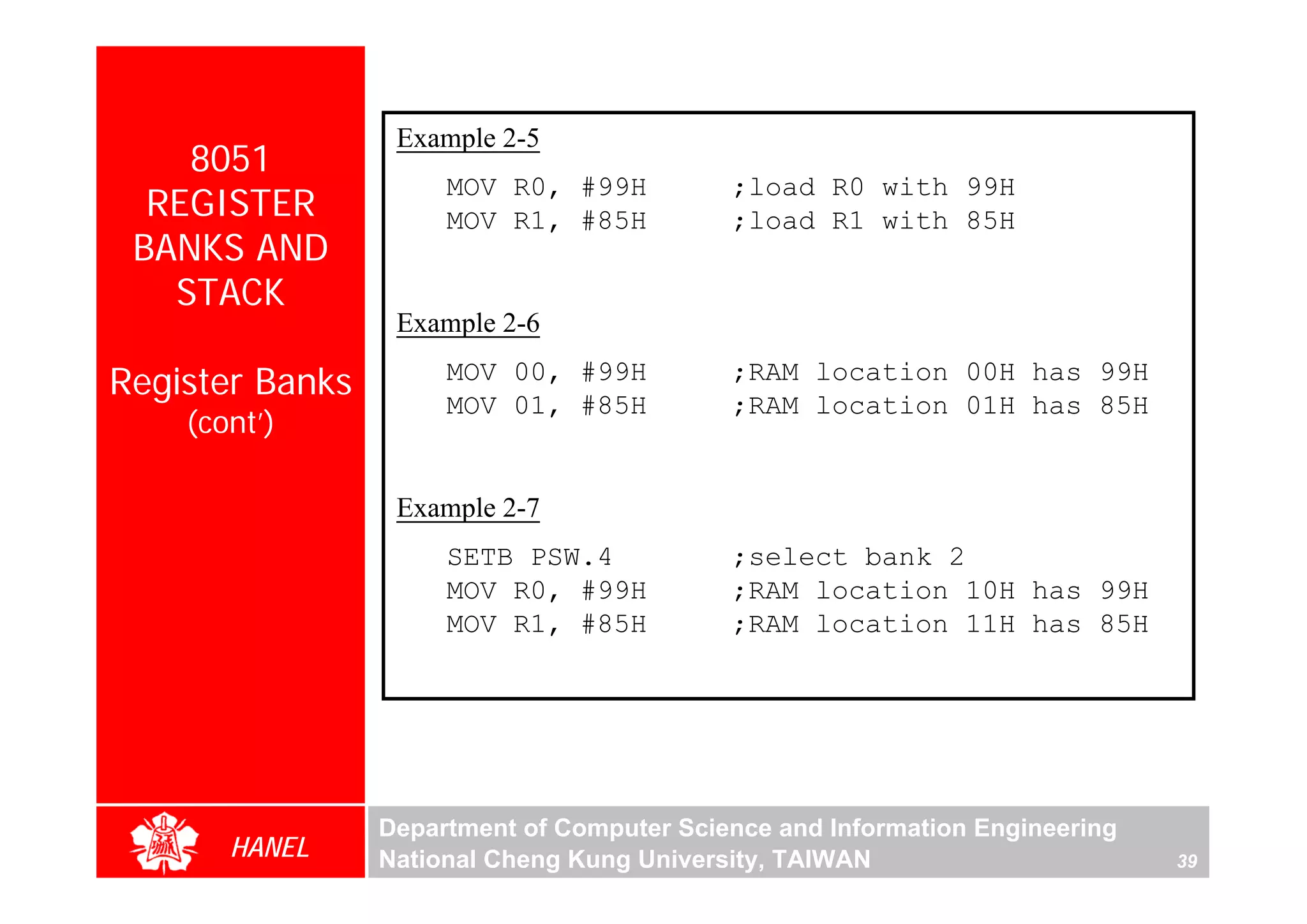 Example 2-5
    8051
                      MOV R0, #99H          ;load R0 with 99H
  REGISTER            MOV R1, #85H          ;load R1 with 85H
 BANKS AND
   STACK
                  Example 2-6

Register Banks        MOV 00, #99H          ;RAM location 00H has 99H
                      MOV 01, #85H          ;RAM location 01H has 85H
    (cont’)

                  Example 2-7
                      SETB PSW.4            ;select bank 2
                      MOV R0, #99H          ;RAM location 10H has 99H
                      MOV R1, #85H          ;RAM location 11H has 85H




                 Department of Computer Science and Information Engineering
       HANEL     National Cheng Kung University, TAIWAN                       39
 