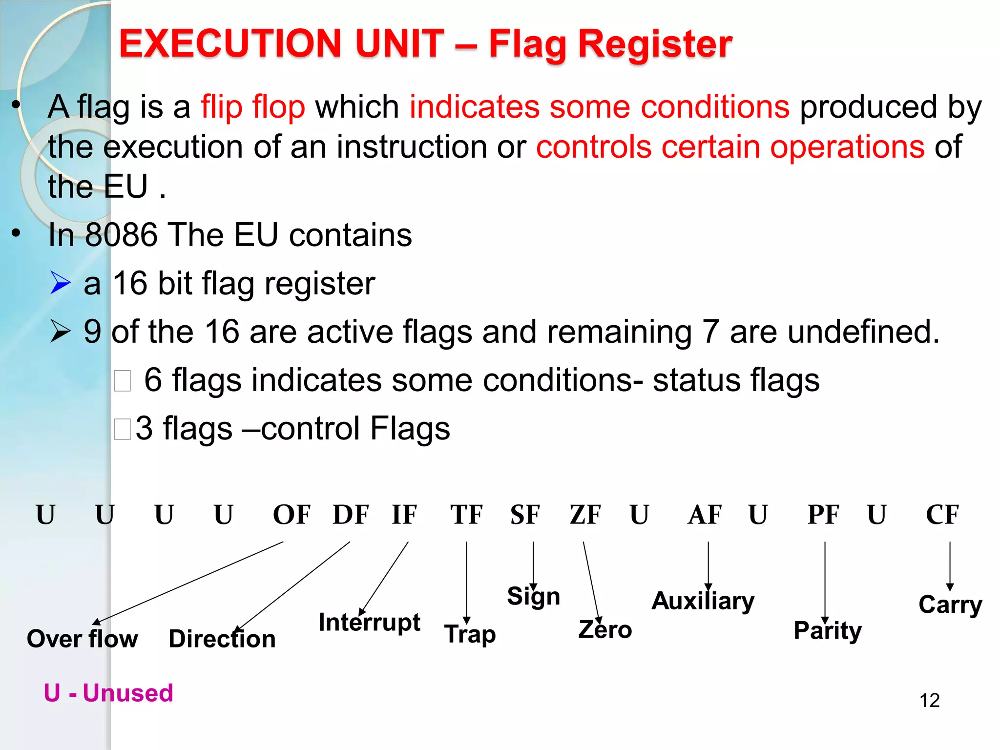 12
EXECUTION UNIT – Flag Register
•
•
A flag is a flip flop which indicates some conditions produced by
the execution of an instruction or controls certain operations of
the EU .
In 8086 The EU contains
 a 16 bit flag register
 9 of the 16 are active flags and remaining 7 are undefined.
6 flags indicates some conditions- status flags
3 flags –control Flags
U U U U OF DF IF TF SF ZF U AF U PF U CF
Carry
Over flow Direction
Interrupt Trap
Sign
Zero
Auxiliary
Parity
U - Unused
 