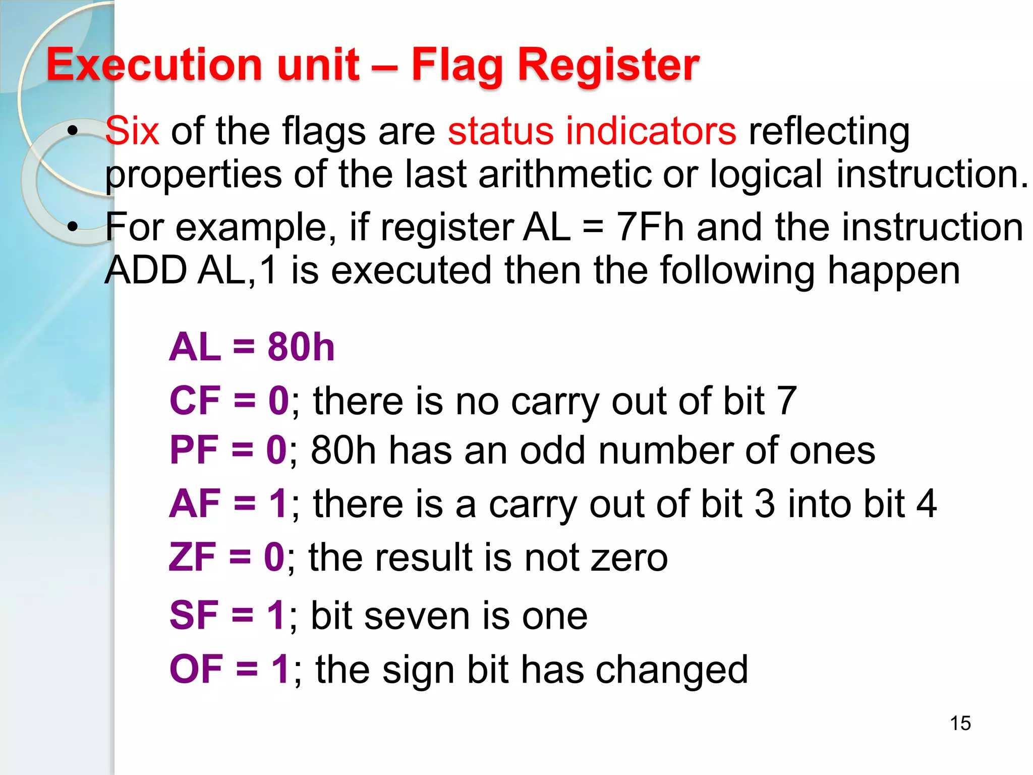Execution unit – Flag Register
15
• Six of the flags are status indicators reflecting
properties of the last arithmetic or logical instruction.
• For example, if register AL = 7Fh and the instruction
ADD AL,1 is executed then the following happen
AL = 80h
CF = 0; there is no carry out of bit 7
PF = 0; 80h has an odd number of ones
AF = 1; there is a carry out of bit 3 into bit 4
ZF = 0; the result is not zero
SF = 1; bit seven is one
OF = 1; the sign bit has changed
 