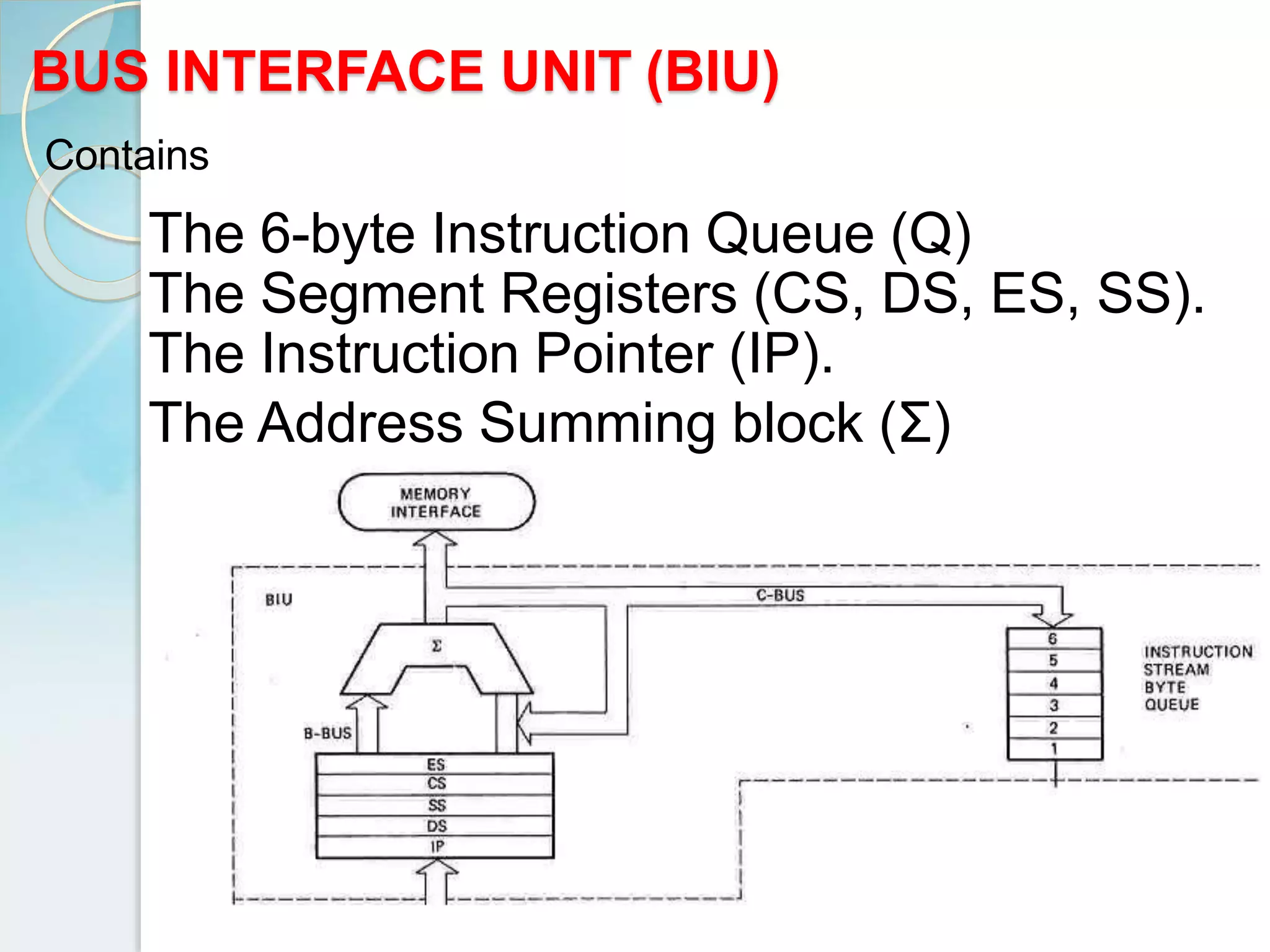 16
BUS INTERFACE UNIT (BIU)
The 6-byte Instruction Queue (Q)
The Segment Registers (CS, DS, ES, SS).
The Instruction Pointer (IP).
The Address Summing block (Σ)
Contains
 