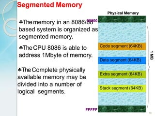 Segmented Memory
18
Code segment (64KB)
Data segment (64KB)
Extra segment (64KB)
Stack segment (64KB)
1MB
Thememory in an 8086/88
based system is organized as
segmented memory.
TheCPU 8086 is able to
address 1Mbyte of memory.
TheComplete physically
available memory may be
divided into a number of
logical segments.
00000
FFFFF
Physical Memory
 