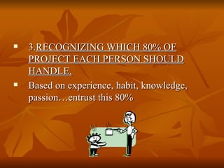 <ul><li>3. RECOGNIZING WHICH 80% OF PROJECT EACH PERSON SHOULD HANDLE. </li></ul><ul><li>Based on experience, habit, knowl...