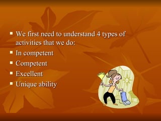 <ul><li>We first need to understand 4 types of activities that we do: </li></ul><ul><li>In competent </li></ul><ul><li>Com...