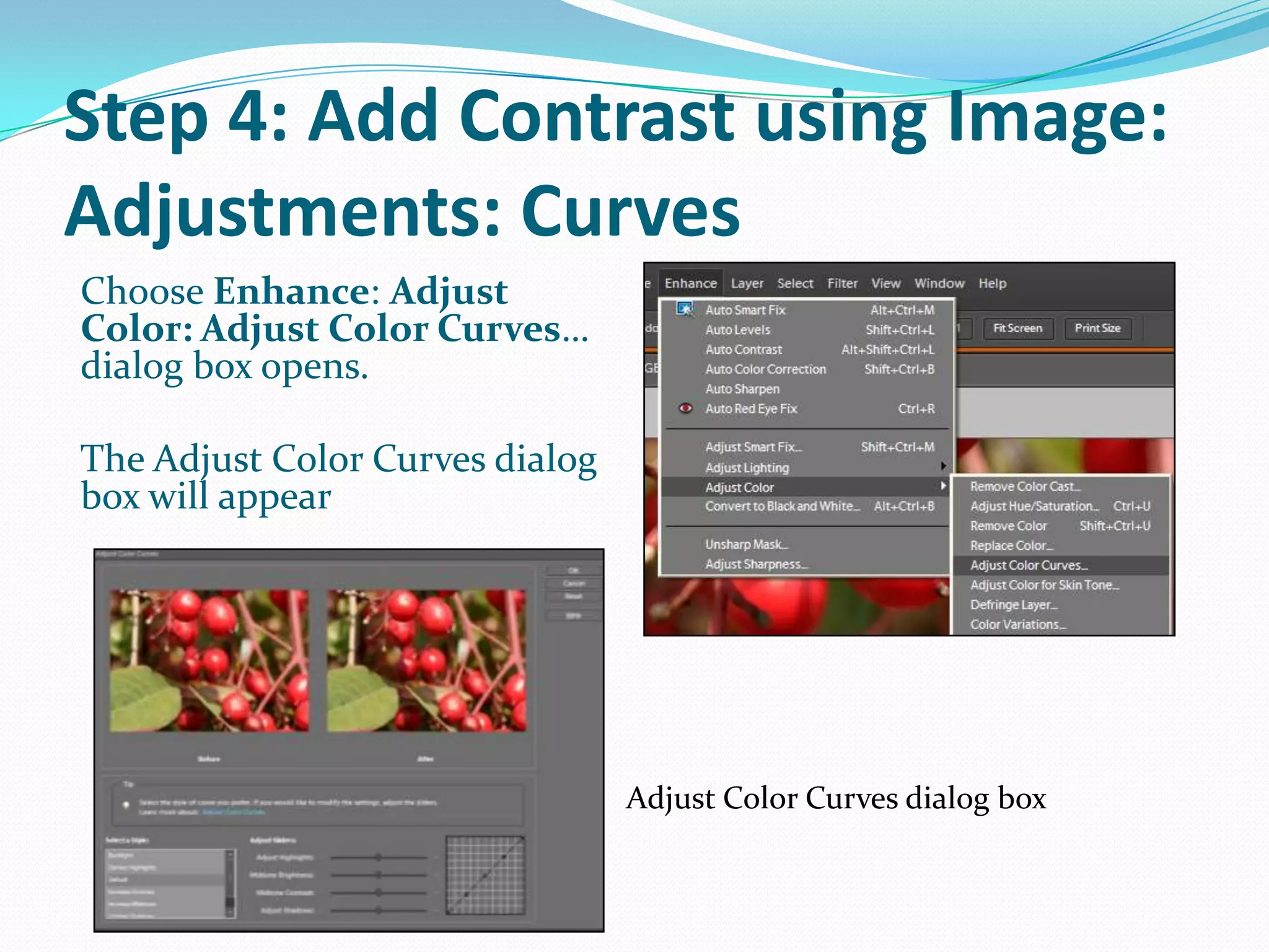 Step 4: Add Contrast using Image: Adjustments: CurvesThe Curves command is one of the most powerful features of Photoshop. It allows you to change specific ranges of colors while leaving others untouched. For example, in Step 3 we adjusted the shadows and highlights. They are as we want them to be and we don't want to change them. In this step we will add contrast to the image by adjusting the shadow, highlight and mid tones.
