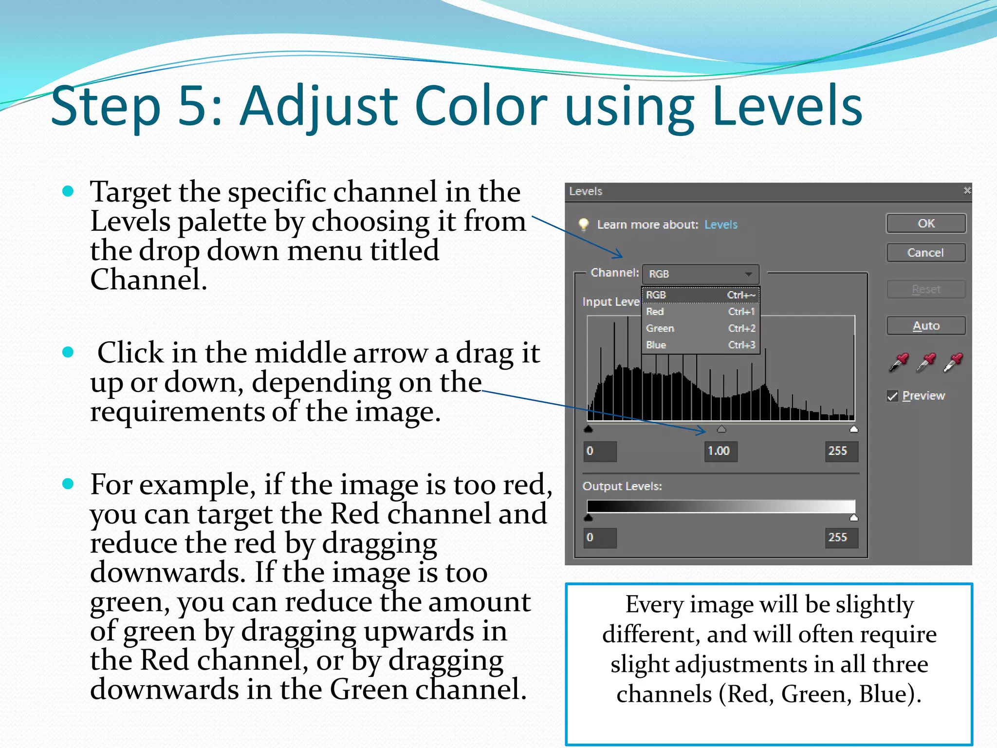 Step 5: Adjust Color using LevelsWhen colors in an image are shifted towards a color that isn't intentional, this is considered to be a color cast. Fixing a color cast using the Levels palette will be very intuitive. 
