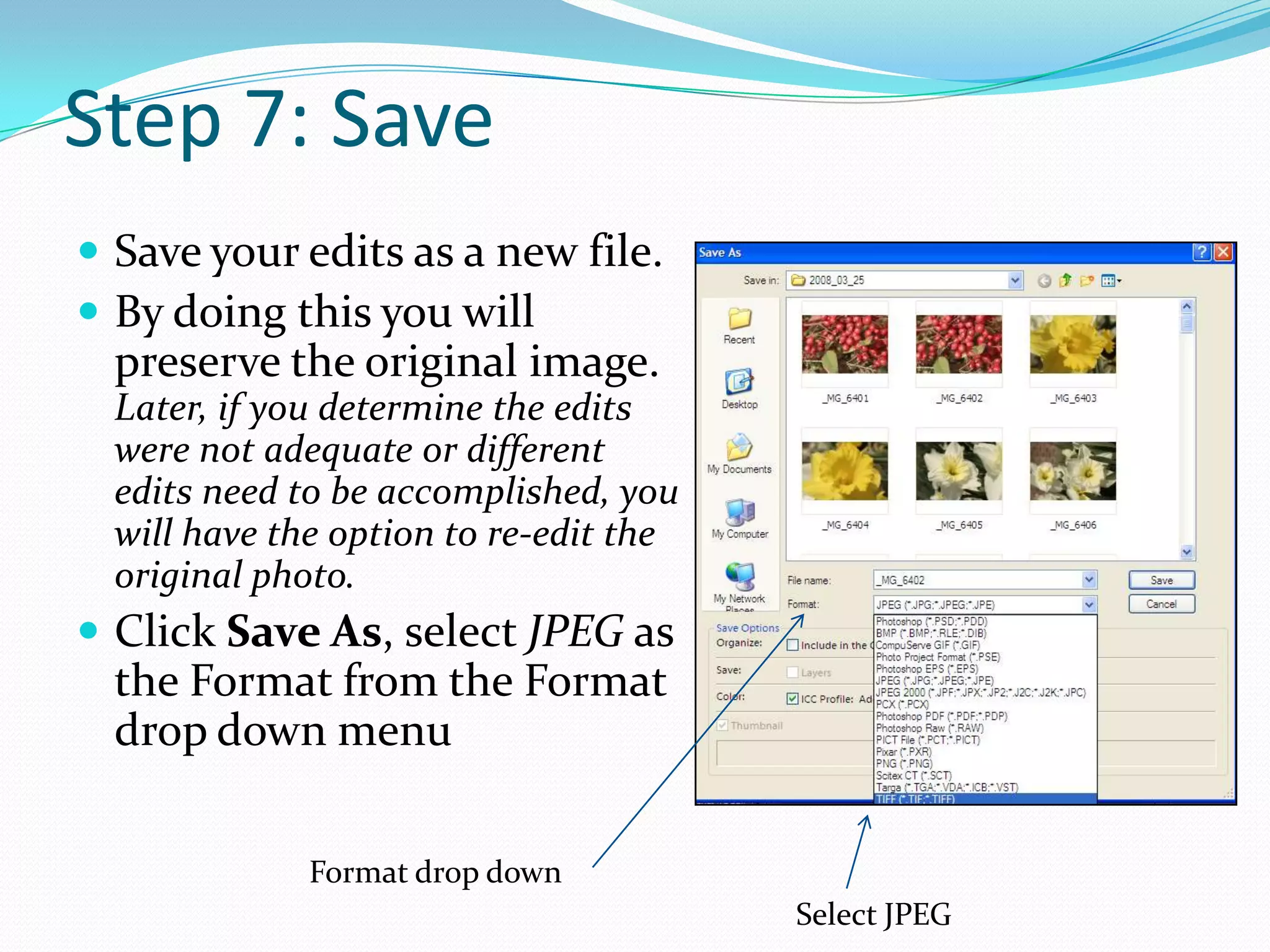 Step 6: Improve Sharpness using Unsharp MaskThe settings for each image will differ, but generally the Radius and the Threshold will be under 5 pixels, while the Amount will be greater than 50%. Move the sliders for each setting while watching the results in the image. The goal is to make the image appear crisper and less blurry without over-sharpening. Oversharpening can appear as "haloing" or mottling near areas where colors contrast sharply, or as an overall "plasticy" appearance.AmountThresholdRadius