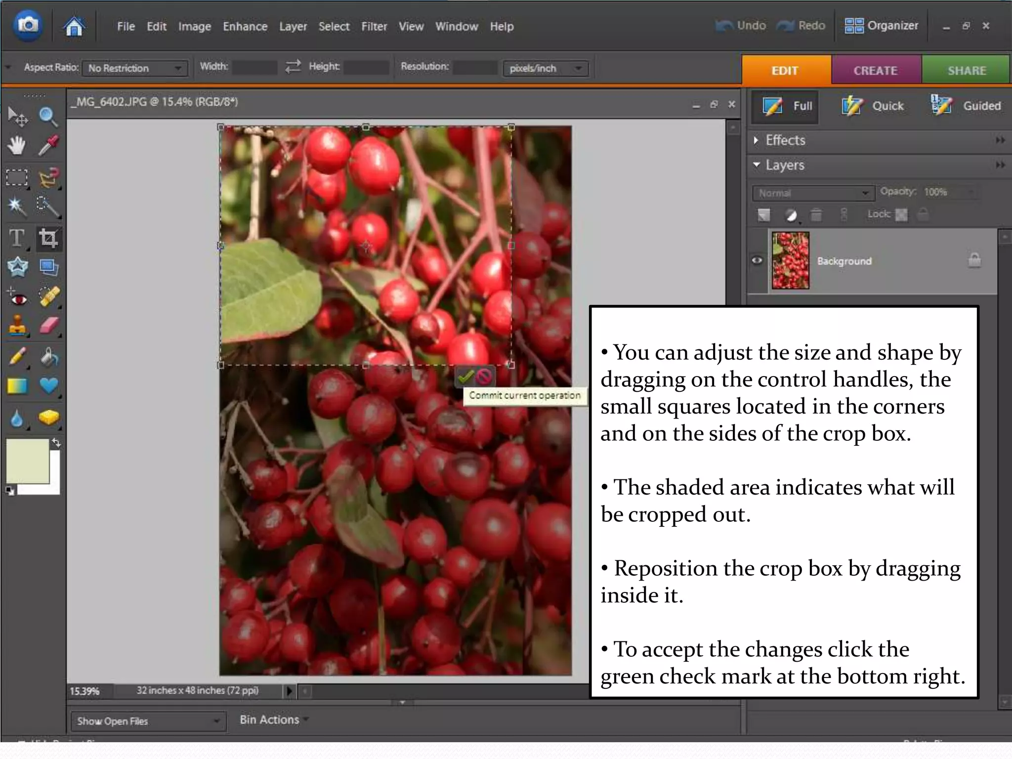 You can adjust the size and shape by dragging on the control handles, the small squares located in the corners and on the sides of the crop box. The shaded area indicates what will be cropped out.