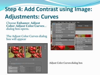 Step 4: Add Contrast using Image: Adjustments: CurvesThe Curves command is one of the most powerful features of Photoshop. It allows you to change specific ranges of colors while leaving others untouched. For example, in Step 3 we adjusted the shadows and highlights. They are as we want them to be and we don't want to change them. In this step we will add contrast to the image by adjusting the shadow, highlight and mid tones.