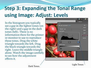 Step 3: Expanding the Tonal Range using Image: Adjust: LevelsA histogram is a graph of all the tones in the image, ranging from the darkest to the lightest. The triangles beneath the histogram represent the range of colors that the output device is capable of reproducing.