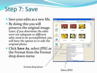 Step 6: Improve Sharpness using Unsharp MaskThe settings for each image will differ, but generally the Radius and the Threshold will be under 5 pixels, while the Amount will be greater than 50%. Move the sliders for each setting while watching the results in the image. The goal is to make the image appear crisper and less blurry without over-sharpening. Oversharpening can appear as "haloing" or mottling near areas where colors contrast sharply, or as an overall "plasticy" appearance.AmountThresholdRadius