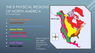 THE 8 PHYSICAL REGIONS
OF NORTH AMERICA
BY JACOB RABLOU
Mount Logan

1.

Appalachian Region

2.

Coastal Plains

3.

Great Lakes-St. Lawrence Lowlands

4.

Interior Plains

5.

Canadian Shield

6.

Western Cordillera

7.

Intermountain Region

8.

Arctic Region

9.

Mount Logan

Mount Logan is
the Tallest
mountain in
Canada and
2nd in
N.America.

 