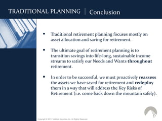 TRADITIONAL PLANNING                                                    Conclusion


                      Traditional retirement planning focuses mostly on
                       asset allocation and saving for retirement.

                      The ultimate goal of retirement planning is to
                       transition savings into life-long, sustainable income
                       streams to satisfy our Needs and Wants throughout
                       retirement.

                      In order to be successful, we must proactively reassess
                       the assets we have saved for retirement and redeploy
                       them in a way that will address the Key Risks of
                       Retirement (i.e. come back down the mountain safely).




        Copyright © 2011 ValMark Securities Inc. All Rights Reserved.
 
