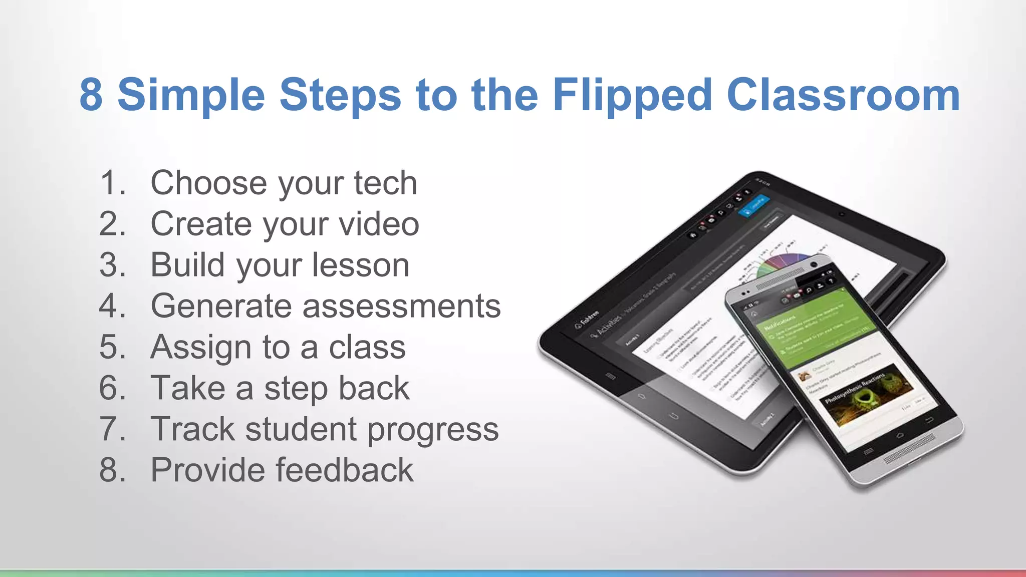 8 Simple Steps to the Flipped Classroom 
1. Choose your tech 
2. Create your video 
3. Build your lesson 
4. Generate assessments 
5. Assign to a class 
6. Take a step back 
7. Track student progress 
8. Provide feedback 
 