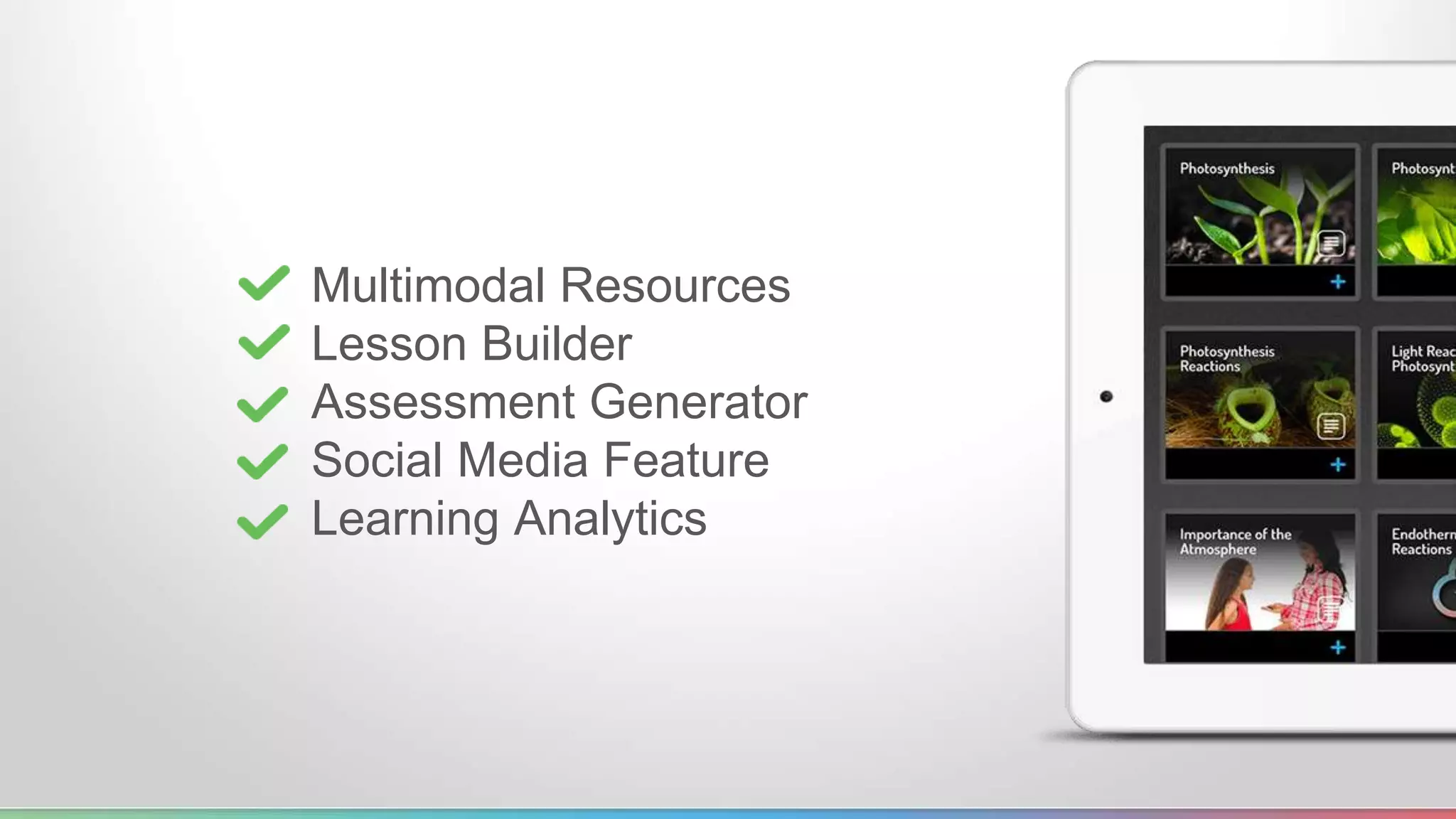 Multimodal Resources 
Lesson Builder 
Assessment Generator 
Social Media Feature 
Learning Analytics 
 