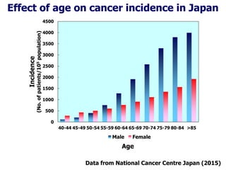 Data from National Cancer Centre Japan (2015)
Effect of age on cancer incidence in Japan
0
500
1000
1500
2000
2500
3000
3500
4000
4500
40-44 45-49 50-54 55-59 60-64 65-69 70-74 75-79 80-84 >85
Incidence
(No.ofpatients/105population)
Male Female
Age
 