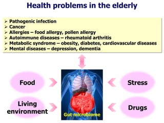 Health problems in the elderly
 Pathogenic infection
 Cancer
 Allergies – food allergy, pollen allergy
 Autoimmune diseases – rheumatoid arthritis
 Metabolic syndrome – obesity, diabetes, cardiovascular diseases
 Mental diseases – depression, dementia
Gut microbiome
Food
Living
environment
Stress
Drugs
 