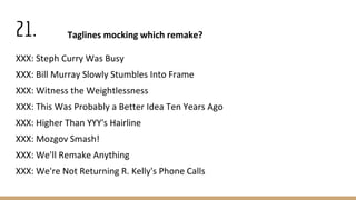 Taglines mocking which remake?
XXX: Steph Curry Was Busy
XXX: Bill Murray Slowly Stumbles Into Frame
XXX: Witness the Weightlessness
XXX: This Was Probably a Better Idea Ten Years Ago
XXX: Higher Than YYY's Hairline
XXX: Mozgov Smash!
XXX: We'll Remake Anything
XXX: We're Not Returning R. Kelly's Phone Calls
21.
 