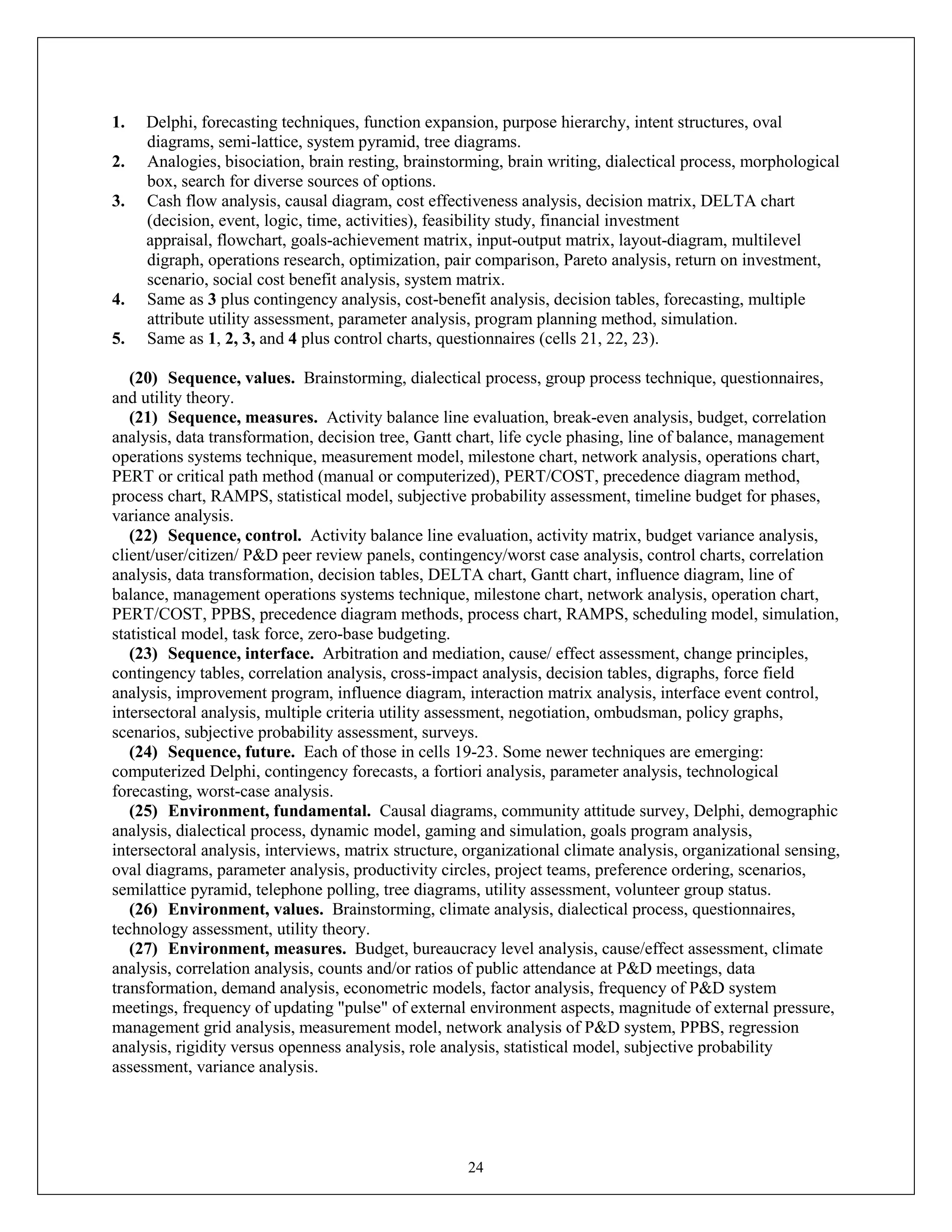 24
1. Delphi, forecasting techniques, function expansion, purpose hierarchy, intent structures, oval
diagrams, semi-lattice, system pyramid, tree diagrams.
2. Analogies, bisociation, brain resting, brainstorming, brain writing, dialectical process, morphological
box, search for diverse sources of options.
3. Cash flow analysis, causal diagram, cost effectiveness analysis, decision matrix, DELTA chart
(decision, event, logic, time, activities), feasibility study, financial investment
appraisal, flowchart, goals-achievement matrix, input-output matrix, layout-diagram, multilevel
digraph, operations research, optimization, pair comparison, Pareto analysis, return on investment,
scenario, social cost benefit analysis, system matrix.
4. Same as 3 plus contingency analysis, cost-benefit analysis, decision tables, forecasting, multiple
attribute utility assessment, parameter analysis, program planning method, simulation.
5. Same as 1, 2, 3, and 4 plus control charts, questionnaires (cells 21, 22, 23).
(20) Sequence, values. Brainstorming, dialectical process, group process technique, questionnaires,
and utility theory.
(21) Sequence, measures. Activity balance line evaluation, break-even analysis, budget, correlation
analysis, data transformation, decision tree, Gantt chart, life cycle phasing, line of balance, management
operations systems technique, measurement model, milestone chart, network analysis, operations chart,
PERT or critical path method (manual or computerized), PERT/COST, precedence diagram method,
process chart, RAMPS, statistical model, subjective probability assessment, timeline budget for phases,
variance analysis.
(22) Sequence, control. Activity balance line evaluation, activity matrix, budget variance analysis,
client/user/citizen/ P&D peer review panels, contingency/worst case analysis, control charts, correlation
analysis, data transformation, decision tables, DELTA chart, Gantt chart, influence diagram, line of
balance, management operations systems technique, milestone chart, network analysis, operation chart,
PERT/COST, PPBS, precedence diagram methods, process chart, RAMPS, scheduling model, simulation,
statistical model, task force, zero-base budgeting.
(23) Sequence, interface. Arbitration and mediation, cause/ effect assessment, change principles,
contingency tables, correlation analysis, cross-impact analysis, decision tables, digraphs, force field
analysis, improvement program, influence diagram, interaction matrix analysis, interface event control,
intersectoral analysis, multiple criteria utility assessment, negotiation, ombudsman, policy graphs,
scenarios, subjective probability assessment, surveys.
(24) Sequence, future. Each of those in cells 19-23. Some newer techniques are emerging:
computerized Delphi, contingency forecasts, a fortiori analysis, parameter analysis, technological
forecasting, worst-case analysis.
(25) Environment, fundamental. Causal diagrams, community attitude survey, Delphi, demographic
analysis, dialectical process, dynamic model, gaming and simulation, goals program analysis,
intersectoral analysis, interviews, matrix structure, organizational climate analysis, organizational sensing,
oval diagrams, parameter analysis, productivity circles, project teams, preference ordering, scenarios,
semilattice pyramid, telephone polling, tree diagrams, utility assessment, volunteer group status.
(26) Environment, values. Brainstorming, climate analysis, dialectical process, questionnaires,
technology assessment, utility theory.
(27) Environment, measures. Budget, bureaucracy level analysis, cause/effect assessment, climate
analysis, correlation analysis, counts and/or ratios of public attendance at P&D meetings, data
transformation, demand analysis, econometric models, factor analysis, frequency of P&D system
meetings, frequency of updating "pulse" of external environment aspects, magnitude of external pressure,
management grid analysis, measurement model, network analysis of P&D system, PPBS, regression
analysis, rigidity versus openness analysis, role analysis, statistical model, subjective probability
assessment, variance analysis.
 