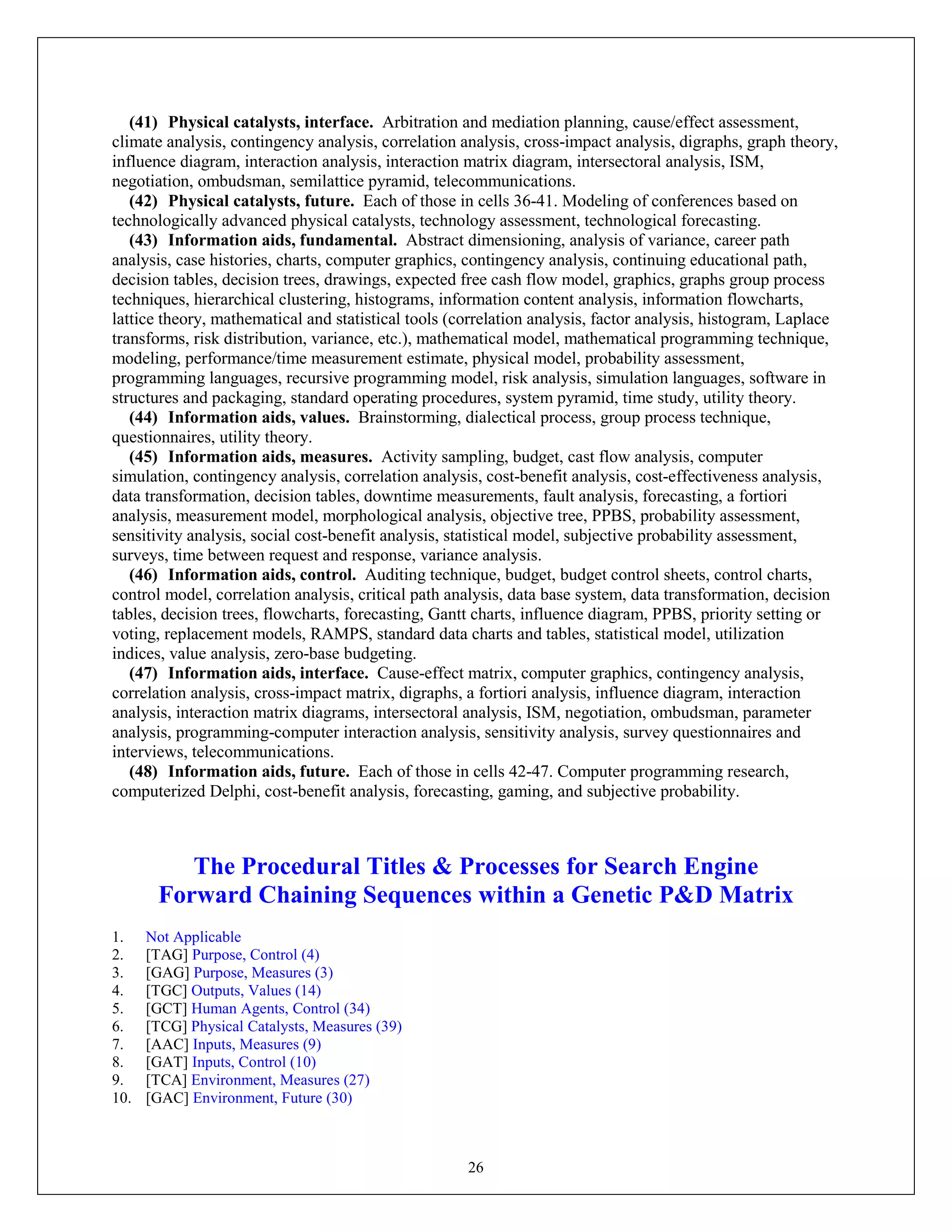 26
(41) Physical catalysts, interface. Arbitration and mediation planning, cause/effect assessment,
climate analysis, contingency analysis, correlation analysis, cross-impact analysis, digraphs, graph theory,
influence diagram, interaction analysis, interaction matrix diagram, intersectoral analysis, ISM,
negotiation, ombudsman, semilattice pyramid, telecommunications.
(42) Physical catalysts, future. Each of those in cells 36-41. Modeling of conferences based on
technologically advanced physical catalysts, technology assessment, technological forecasting.
(43) Information aids, fundamental. Abstract dimensioning, analysis of variance, career path
analysis, case histories, charts, computer graphics, contingency analysis, continuing educational path,
decision tables, decision trees, drawings, expected free cash flow model, graphics, graphs group process
techniques, hierarchical clustering, histograms, information content analysis, information flowcharts,
lattice theory, mathematical and statistical tools (correlation analysis, factor analysis, histogram, Laplace
transforms, risk distribution, variance, etc.), mathematical model, mathematical programming technique,
modeling, performance/time measurement estimate, physical model, probability assessment,
programming languages, recursive programming model, risk analysis, simulation languages, software in
structures and packaging, standard operating procedures, system pyramid, time study, utility theory.
(44) Information aids, values. Brainstorming, dialectical process, group process technique,
questionnaires, utility theory.
(45) Information aids, measures. Activity sampling, budget, cast flow analysis, computer
simulation, contingency analysis, correlation analysis, cost-benefit analysis, cost-effectiveness analysis,
data transformation, decision tables, downtime measurements, fault analysis, forecasting, a fortiori
analysis, measurement model, morphological analysis, objective tree, PPBS, probability assessment,
sensitivity analysis, social cost-benefit analysis, statistical model, subjective probability assessment,
surveys, time between request and response, variance analysis.
(46) Information aids, control. Auditing technique, budget, budget control sheets, control charts,
control model, correlation analysis, critical path analysis, data base system, data transformation, decision
tables, decision trees, flowcharts, forecasting, Gantt charts, influence diagram, PPBS, priority setting or
voting, replacement models, RAMPS, standard data charts and tables, statistical model, utilization
indices, value analysis, zero-base budgeting.
(47) Information aids, interface. Cause-effect matrix, computer graphics, contingency analysis,
correlation analysis, cross-impact matrix, digraphs, a fortiori analysis, influence diagram, interaction
analysis, interaction matrix diagrams, intersectoral analysis, ISM, negotiation, ombudsman, parameter
analysis, programming-computer interaction analysis, sensitivity analysis, survey questionnaires and
interviews, telecommunications.
(48) Information aids, future. Each of those in cells 42-47. Computer programming research,
computerized Delphi, cost-benefit analysis, forecasting, gaming, and subjective probability.
The Procedural Titles & Processes for Search Engine
Forward Chaining Sequences within a Genetic P&D Matrix
1. Not Applicable
2. [TAG] Purpose, Control (4)
3. [GAG] Purpose, Measures (3)
4. [TGC] Outputs, Values (14)
5. [GCT] Human Agents, Control (34)
6. [TCG] Physical Catalysts, Measures (39)
7. [AAC] Inputs, Measures (9)
8. [GAT] Inputs, Control (10)
9. [TCA] Environment, Measures (27)
10. [GAC] Environment, Future (30)
 