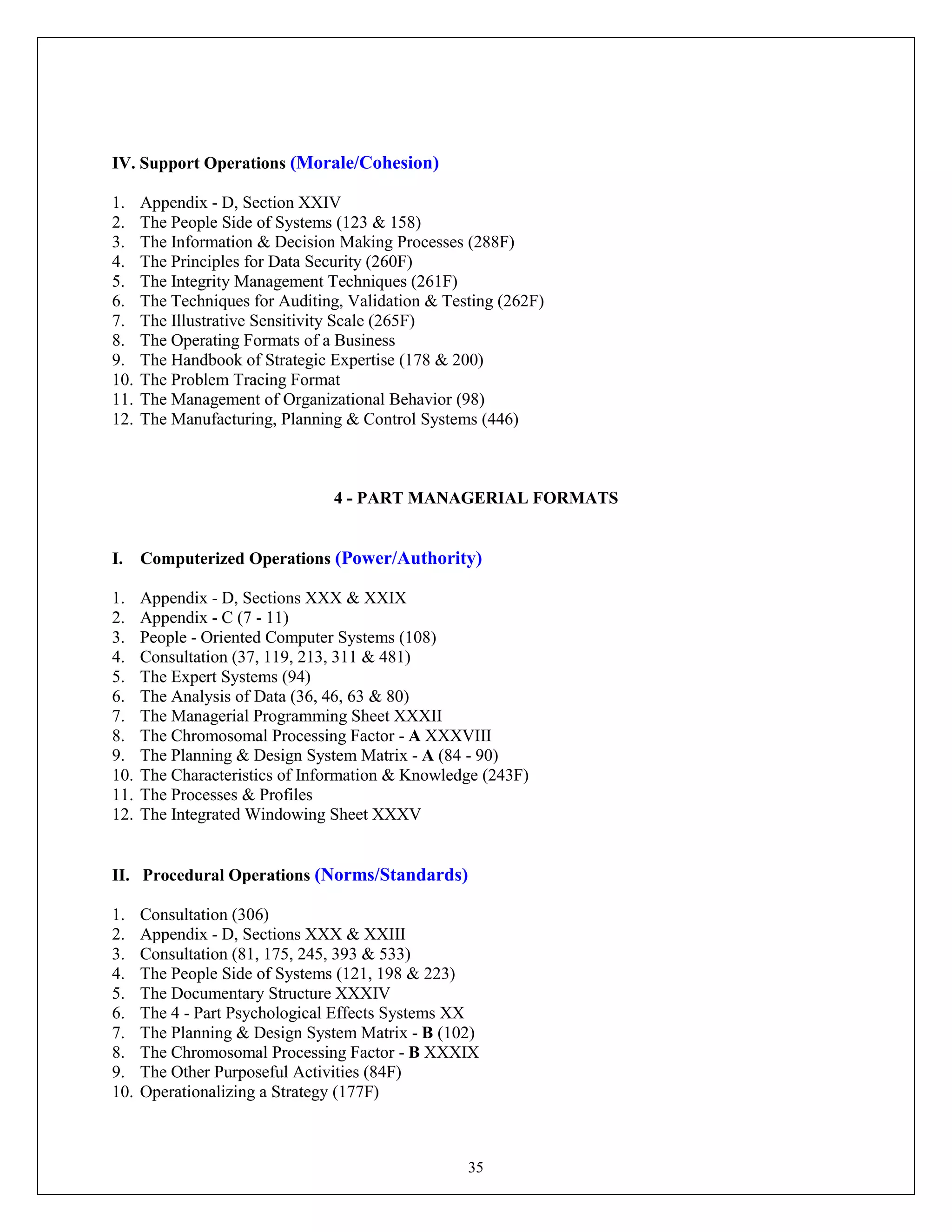 35
IV. Support Operations (Morale/Cohesion)
1. Appendix - D, Section XXIV
2. The People Side of Systems (123 & 158)
3. The Information & Decision Making Processes (288F)
4. The Principles for Data Security (260F)
5. The Integrity Management Techniques (261F)
6. The Techniques for Auditing, Validation & Testing (262F)
7. The Illustrative Sensitivity Scale (265F)
8. The Operating Formats of a Business
9. The Handbook of Strategic Expertise (178 & 200)
10. The Problem Tracing Format
11. The Management of Organizational Behavior (98)
12. The Manufacturing, Planning & Control Systems (446)
4 - PART MANAGERIAL FORMATS
I. Computerized Operations (Power/Authority)
1. Appendix - D, Sections XXX & XXIX
2. Appendix - C (7 - 11)
3. People - Oriented Computer Systems (108)
4. Consultation (37, 119, 213, 311 & 481)
5. The Expert Systems (94)
6. The Analysis of Data (36, 46, 63 & 80)
7. The Managerial Programming Sheet XXXII
8. The Chromosomal Processing Factor - A XXXVIII
9. The Planning & Design System Matrix - A (84 - 90)
10. The Characteristics of Information & Knowledge (243F)
11. The Processes & Profiles
12. The Integrated Windowing Sheet XXXV
II. Procedural Operations (Norms/Standards)
1. Consultation (306)
2. Appendix - D, Sections XXX & XXIII
3. Consultation (81, 175, 245, 393 & 533)
4. The People Side of Systems (121, 198 & 223)
5. The Documentary Structure XXXIV
6. The 4 - Part Psychological Effects Systems XX
7. The Planning & Design System Matrix - B (102)
8. The Chromosomal Processing Factor - B XXXIX
9. The Other Purposeful Activities (84F)
10. Operationalizing a Strategy (177F)
 