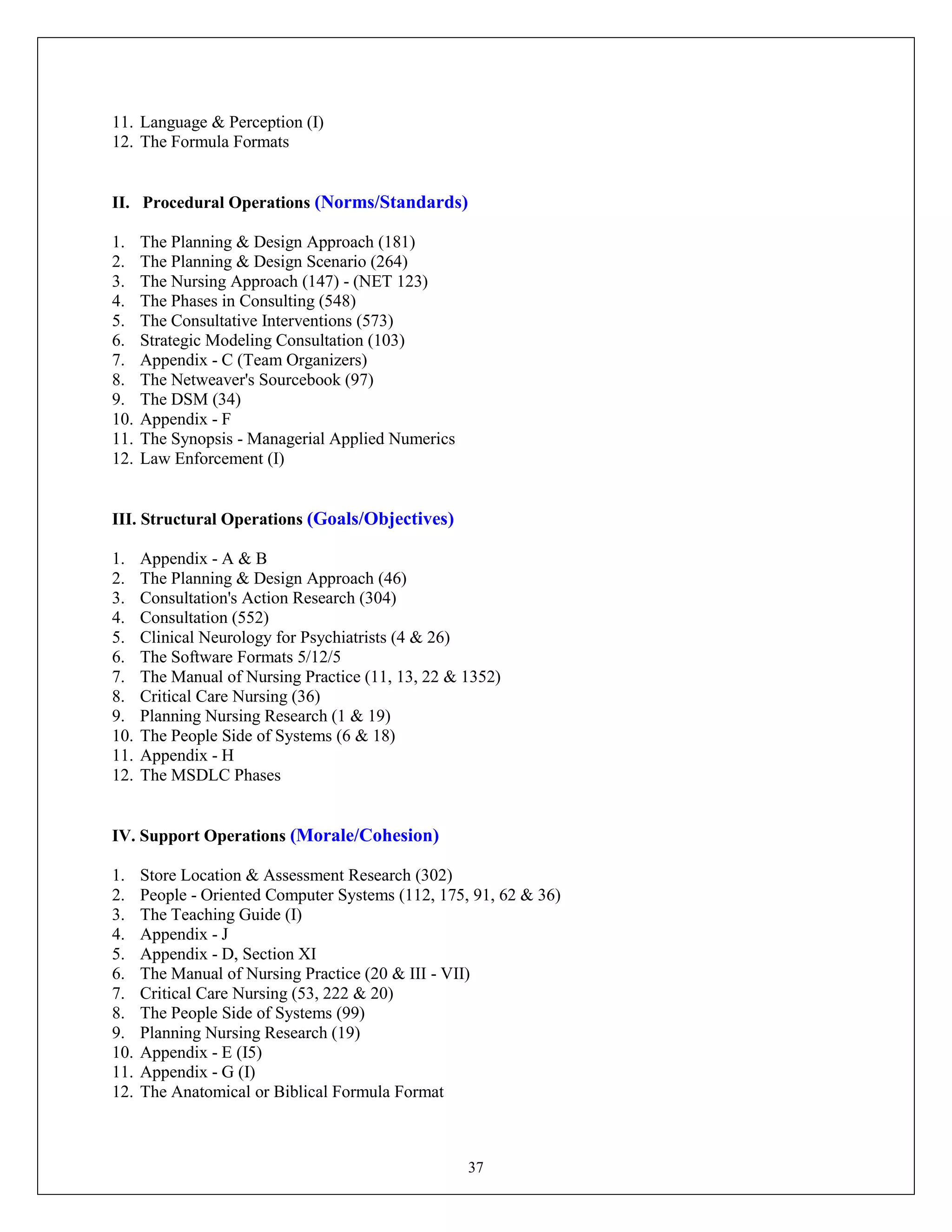 37
11. Language & Perception (I)
12. The Formula Formats
II. Procedural Operations (Norms/Standards)
1. The Planning & Design Approach (181)
2. The Planning & Design Scenario (264)
3. The Nursing Approach (147) - (NET 123)
4. The Phases in Consulting (548)
5. The Consultative Interventions (573)
6. Strategic Modeling Consultation (103)
7. Appendix - C (Team Organizers)
8. The Netweaver's Sourcebook (97)
9. The DSM (34)
10. Appendix - F
11. The Synopsis - Managerial Applied Numerics
12. Law Enforcement (I)
III. Structural Operations (Goals/Objectives)
1. Appendix - A & B
2. The Planning & Design Approach (46)
3. Consultation's Action Research (304)
4. Consultation (552)
5. Clinical Neurology for Psychiatrists (4 & 26)
6. The Software Formats 5/12/5
7. The Manual of Nursing Practice (11, 13, 22 & 1352)
8. Critical Care Nursing (36)
9. Planning Nursing Research (1 & 19)
10. The People Side of Systems (6 & 18)
11. Appendix - H
12. The MSDLC Phases
IV. Support Operations (Morale/Cohesion)
1. Store Location & Assessment Research (302)
2. People - Oriented Computer Systems (112, 175, 91, 62 & 36)
3. The Teaching Guide (I)
4. Appendix - J
5. Appendix - D, Section XI
6. The Manual of Nursing Practice (20 & III - VII)
7. Critical Care Nursing (53, 222 & 20)
8. The People Side of Systems (99)
9. Planning Nursing Research (19)
10. Appendix - E (I5)
11. Appendix - G (I)
12. The Anatomical or Biblical Formula Format
 