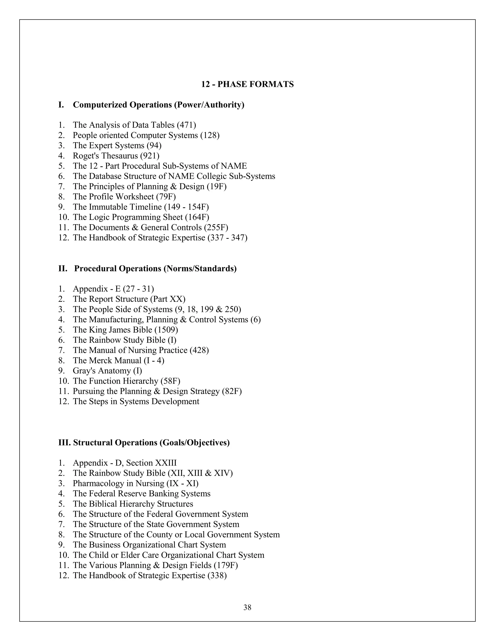 38
12 - PHASE FORMATS
I. Computerized Operations (Power/Authority)
1. The Analysis of Data Tables (471)
2. People oriented Computer Systems (128)
3. The Expert Systems (94)
4. Roget's Thesaurus (921)
5. The 12 - Part Procedural Sub-Systems of NAME
6. The Database Structure of NAME Collegic Sub-Systems
7. The Principles of Planning & Design (19F)
8. The Profile Worksheet (79F)
9. The Immutable Timeline (149 - 154F)
10. The Logic Programming Sheet (164F)
11. The Documents & General Controls (255F)
12. The Handbook of Strategic Expertise (337 - 347)
II. Procedural Operations (Norms/Standards)
1. Appendix - E (27 - 31)
2. The Report Structure (Part XX)
3. The People Side of Systems (9, 18, 199 & 250)
4. The Manufacturing, Planning & Control Systems (6)
5. The King James Bible (1509)
6. The Rainbow Study Bible (I)
7. The Manual of Nursing Practice (428)
8. The Merck Manual (I - 4)
9. Gray's Anatomy (I)
10. The Function Hierarchy (58F)
11. Pursuing the Planning & Design Strategy (82F)
12. The Steps in Systems Development
III. Structural Operations (Goals/Objectives)
1. Appendix - D, Section XXIII
2. The Rainbow Study Bible (XII, XIII & XIV)
3. Pharmacology in Nursing (IX - XI)
4. The Federal Reserve Banking Systems
5. The Biblical Hierarchy Structures
6. The Structure of the Federal Government System
7. The Structure of the State Government System
8. The Structure of the County or Local Government System
9. The Business Organizational Chart System
10. The Child or Elder Care Organizational Chart System
11. The Various Planning & Design Fields (179F)
12. The Handbook of Strategic Expertise (338)
 