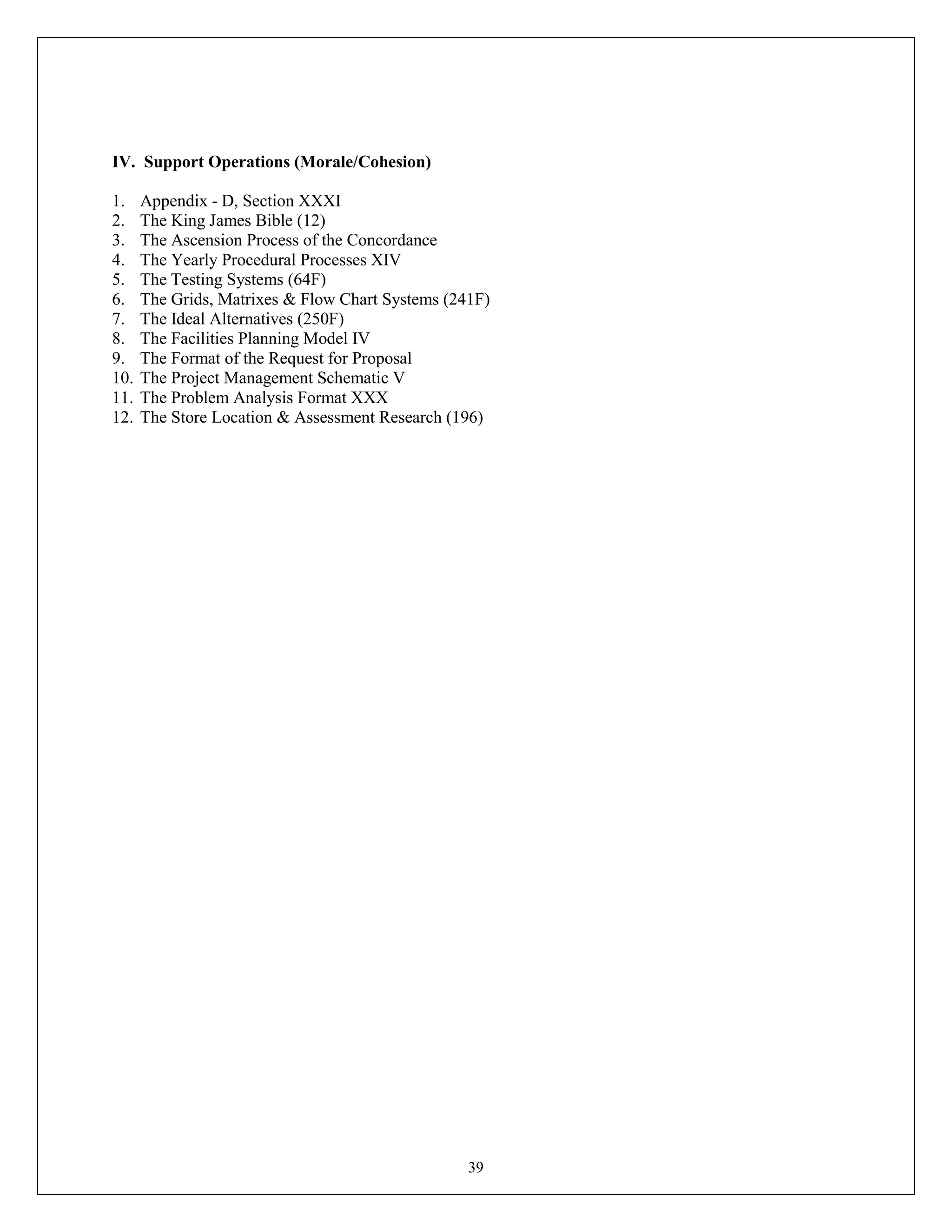 39
IV. Support Operations (Morale/Cohesion)
1. Appendix - D, Section XXXI
2. The King James Bible (12)
3. The Ascension Process of the Concordance
4. The Yearly Procedural Processes XIV
5. The Testing Systems (64F)
6. The Grids, Matrixes & Flow Chart Systems (241F)
7. The Ideal Alternatives (250F)
8. The Facilities Planning Model IV
9. The Format of the Request for Proposal
10. The Project Management Schematic V
11. The Problem Analysis Format XXX
12. The Store Location & Assessment Research (196)
 