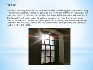 * ACT III
* Its almost morning and almost all of the characters are waking up to see the sun rising.
The storm has cleared. Characters converse more with one another. In conclusion, the
play ends with everyone leaving the diner and Grace going upstairs to get some sleep.

- The Central Visual image would fit as the windows in this play. The overall events
happen in order and the windows play a great part in seeing how the audience reacts
and views the weather, the love and relationships that emerge among the characters
and as well as the fights.

 