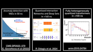 Anomaly detection with
VAEs in 50 ns
CMS DP2023_079
E. Govorkova et al (2022)
Quantised Interaction
Networks and Deep Sets
in <160 ns
P. Odagiu et al. 2024
Fully on-chip
transformers in 90 ns
(500k flops, 9k param)
IEEE ICFTP 2022
arxiv:409.05207
wide range of values and mapping them in memory or LUTs
to allow for lookup at run-time. Hence, the optimized design
requires one fewer lookup while also replacing multiplication
by a subtraction, which can be simpler to express in hardware.
x1
...
xN
exp
table
exp(x1)
exp(xN)
... + sum
inv
table
1 /
sum
σ(x1)
σ(xN)
...
log
table
log σ(x1)
log σ(xN)
...
X
X
Fig. 6. Direct hardware implementations of log softmax.
x1
...
xN
exp
table
exp(x1)
exp(xN)
... + sum
log
table
log
sum
log σ(x1)
log σ(xN)
...
-
-
Fig. 7. Optimized hardware implementations of log softmax.
Although further simplifications, including approximating
the summation by finding the maximum (see equation 5) or
simply omitting the logarithm portion of the expression, were
also evaluated, they noticeably lowered the final accuracy and
were thus abandoned.
(5)
log(ω(xi)) = exi
→ log(
N
!
j=1
exj
)
= exi
→
N
!
j=1
log(exj
)
= exi
→
N
!
j=1
xj
I:
Linear
II:
Concat
III:
Linear
IV:
Matmul
VI:
Matmul
V:
Softmax
VII:
Linear
IX:
Linear
X:
Linear
VIII:
Sum
XI:
Sum
XII:
Linear
XIII:
Log Softmax
XIV:
Sync
Linear
Linear Parameter
Input jet data
Prediction
Multi-Head
Self-attention
+
Log Softmax
Transformer
+
Concatenate
Linear
ReLU
Linear
ReLU
Linear
Q K V
Matmul
Scale
Matmul
Softmax
Linear Linear
Linear
x heads
I
II
XII
XIII
XIV
IX
X
XI
VIII
IV
V
III
VI
VII
14 stages pipeline (18 cycles)
Fig. 8. Proposed architecture with highlighted pipeline stages.
composed of 165,760 (80/20 split with training data set) 16-
dimensional HLF samples, which is a result worse by only 2.3
percent points compared to the Pytorch implementation. Due
to the intrinsic reduced precision of the fixed-point arithmetic,
that score matches the expectations.
The RTL synthesis report shows a remarkable improvement
in the inference time, from the Pytorch implementation values
pipelining the model, all the operations can be c
either one or two cycles. Certain operations lik
scaling share their stage with subsequent compo
their simplicity.
The design configuration affects several of
stages, and hence a significant portion of the
number of transformer layers have a direct impact
Anomaly detection with
VAEs in 50 ns
CMS DP2023_079
E. Govorkova et al (2022)
Quantised Interaction
Networks and Deep Sets
in <160 ns
P. Odagiu et al. 2024
Fully on-chip
transformers in 90 ns
(500k flops, 9k param)
IEEE ICFTP 2022
arxiv:409.05207
wide range of values and mapping them in memory or LUTs
to allow for lookup at run-time. Hence, the optimized design
requires one fewer lookup while also replacing multiplication
by a subtraction, which can be simpler to express in hardware.
x1
...
xN
exp
table
exp(x1)
exp(xN)
... + sum
inv
table
1 /
sum
σ(x1)
σ(xN)
...
log
table
log σ(x1)
log σ(xN)
...
X
X
Fig. 6. Direct hardware implementations of log softmax.
x1
...
xN
exp
table
exp(x1)
exp(xN)
... + sum
log
table
log
sum
log σ(x1)
log σ(xN)
...
-
-
Fig. 7. Optimized hardware implementations of log softmax.
Although further simplifications, including approximating
the summation by finding the maximum (see equation 5) or
simply omitting the logarithm portion of the expression, were
also evaluated, they noticeably lowered the final accuracy and
were thus abandoned.
(5)
log(ω(xi)) = exi
→ log(
N
!
j=1
exj
)
= exi
→
N
!
j=1
log(exj
)
= exi
→
N
!
j=1
xj
I:
Linear
II:
Concat
III:
Linear
IV:
Matmul
VI:
Matmul
V:
Softmax
VII:
Linear
IX:
Linear
X:
Linear
VIII:
Sum
XI:
Sum
XII:
Linear
XIII:
Log Softmax
XIV:
Sync
Linear
Linear Parameter
Input jet data
Prediction
Multi-Head
Self-attention
+
Log Softmax
Transformer
+
Concatenate
Linear
ReLU
Linear
ReLU
Linear
Q K V
Matmul
Scale
Matmul
Softmax
Linear Linear
Linear
x heads
I
II
XII
XIII
XIV
IX
X
XI
VIII
IV
V
III
VI
VII
14 stages pipeline (18 cycles)
Fig. 8. Proposed architecture with highlighted pipeline stages.
composed of 165,760 (80/20 split with training data set) 16-
dimensional HLF samples, which is a result worse by only 2.3
percent points compared to the Pytorch implementation. Due
to the intrinsic reduced precision of the fixed-point arithmetic,
that score matches the expectations.
The RTL synthesis report shows a remarkable improvement
in the inference time, from the Pytorch implementation values
pipelining the model, all the operations can be c
either one or two cycles. Certain operations lik
scaling share their stage with subsequent compo
their simplicity.
The design configuration affects several of
stages, and hence a significant portion of the
number of transformer layers have a direct impact
Fully heterogeneously
quantized transformers
in <100 ns
arxiv:2510.24784
 