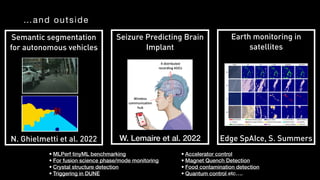 Semantic segmentation
for autonomous vehicles
N. Ghielmetti et al. 2022
Seizure Predicting Brain
Implant
W. Lemaire et al. 2022
Earth monitoring in
satellites
Edge SpAIce, S. Summers
…and outside
• MLPerf tinyML benchmarking
• For fusion science phase/mode monitoring
• Crystal structure detection
• Triggering in DUNE
• Accelerator control
• Magnet Quench Detection
• Food contamination detection
• Quantum control etc….
Semantic segmentation
for autonomous vehicles
N. Ghielmetti et al. 2022
Seizure Predicting Brain
Implant
W. Lemaire et al. 2022
Earth monitoring in
satellites
Edge SpAIce, S. Summers
…and outside
• MLPerf tinyML benchmarking
• For fusion science phase/mode monitoring
• Crystal structure detection
• Triggering in DUNE
• Accelerator control
• Magnet Quench Detection
• Food contamination detection
• Quantum control etc….
 