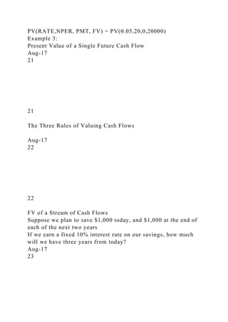 PV(RATE,NPER, PMT, FV) = PV(0.05,20,0,20000)
Example 3:
Present Value of a Single Future Cash Flow
Aug-17
21
21
The Three Rules of Valuing Cash Flows
Aug-17
22
22
FV of a Stream of Cash Flows
Suppose we plan to save $1,000 today, and $1,000 at the end of
each of the next two years
If we earn a fixed 10% interest rate on our savings, how much
will we have three years from today?
Aug-17
23
 