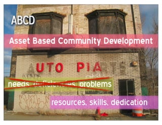 ABCD
Asset  Based  Community  Development


needs, deficiencies, problems
            resources, skills, dedication
 