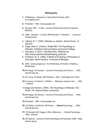 Bibliography

1. R Malkinson - Research on Social Work Practice, 2001 -
   rsw.sagepub.com

2. R Kadden - 1995 - books.google.com

3. Springer 1991 – A Ellis - Journal of Rational-Emotive & Cognitive-
   Behavior.

4. 2006 – Springer - Y Landa, SM Silverstein, F Schwartz… - Journal of
   Contemporary

5. LaPiere, R. T. (1934). Attitudes vs. Actions. Social Forces, 13,
   230-237.
6. Eagly, Alice H.; Chaiken, Shelly1993. The Psychology of
   Attitudes. Publishers-Harcourt Brace Jovanovich College.
7. education, S. (2011). Standford Edu. Obtenido de
   http://mirecc.stanford.edu/pdf/coping_part2.pdf
8. Frankena, W. K. (1966). A Model of Analyzing a Philosophy of
   Education. North Carolina : University of Michigan.

9. 2004 - books.google.com - RJ Kohlenberg, JW Kanter, M Bolling… -
   Mindfulness.

10. DA Haaga, GC Davison - Journal of Consulting and Clinical …, 1993 -
   psycnet.apa.org.

11. JE Young, JS Klosko, ME Weishaar - 2003 - Cambridge Univ Press.

12. LH Jaycox, KJ Reivich, J Gillham… - Behaviour research and …, 1994
   – Elsevier.

13. Eagly and Chaiken, (1993). The Psychology of Attitudes, Fort
    Worth, TX: Harcourt Brace Jovanovich.

14. DA Haaga, GC Davison - Journal of Consulting and Clinical …, 1993 -
   psycnet.apa.org.

15. R Kadden - 1995 - books.google.com.

16. JE Gillham, KJ Reivich, DR Freres… - School Psychology …, 2006 -
   psycnet.apa.org.

17. PC Kendall, DAF Haaga, A Ellis, M Bernard… - Clinical Psychology …,
   1995 – Elsevier.

18. SH Spence - Journal of Child Psychology and Psychiatry, 2006 - Wiley
   Online Library.
 